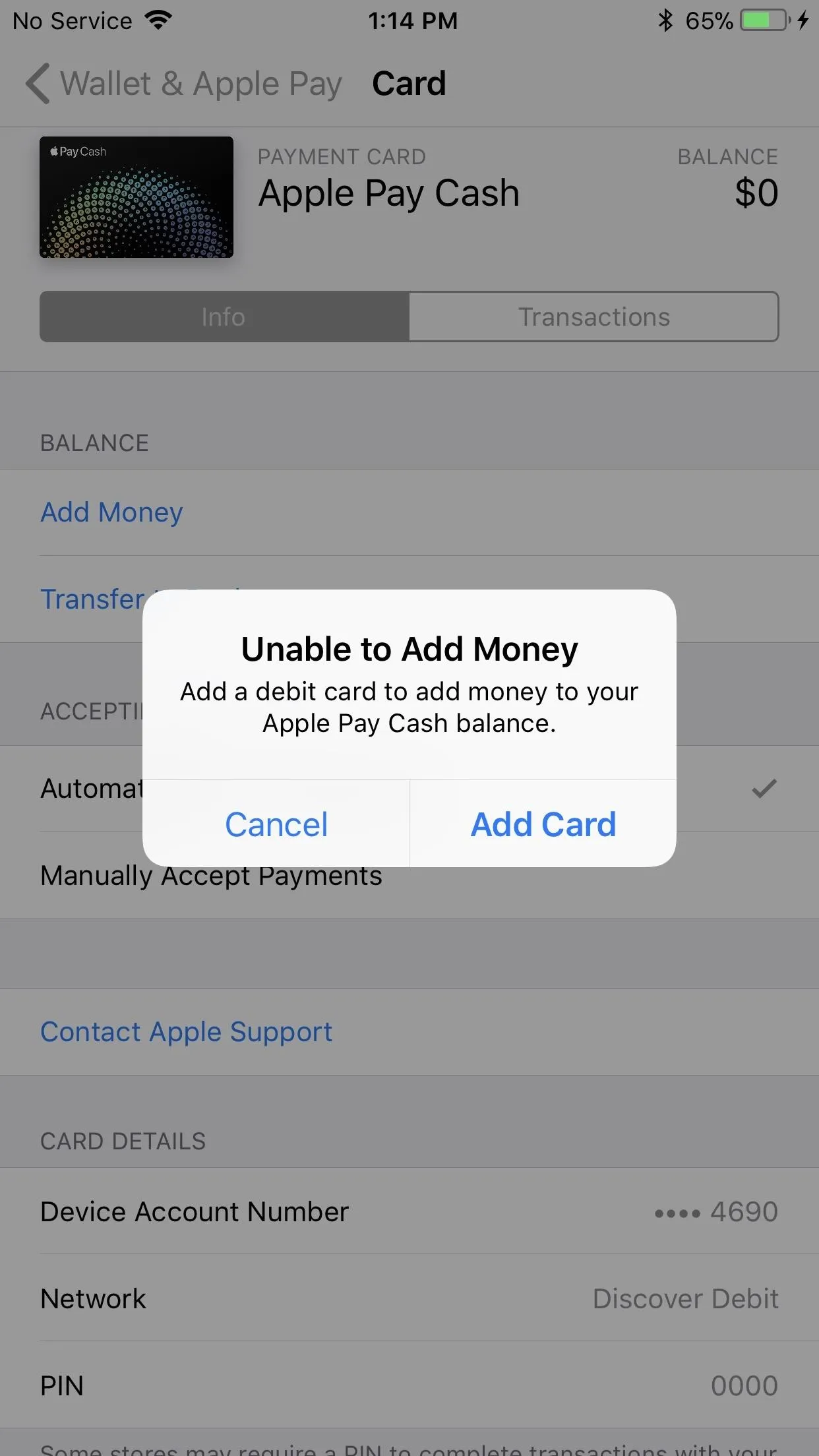 Unable to add money to Apple Pay Cash account due to account restrictions.