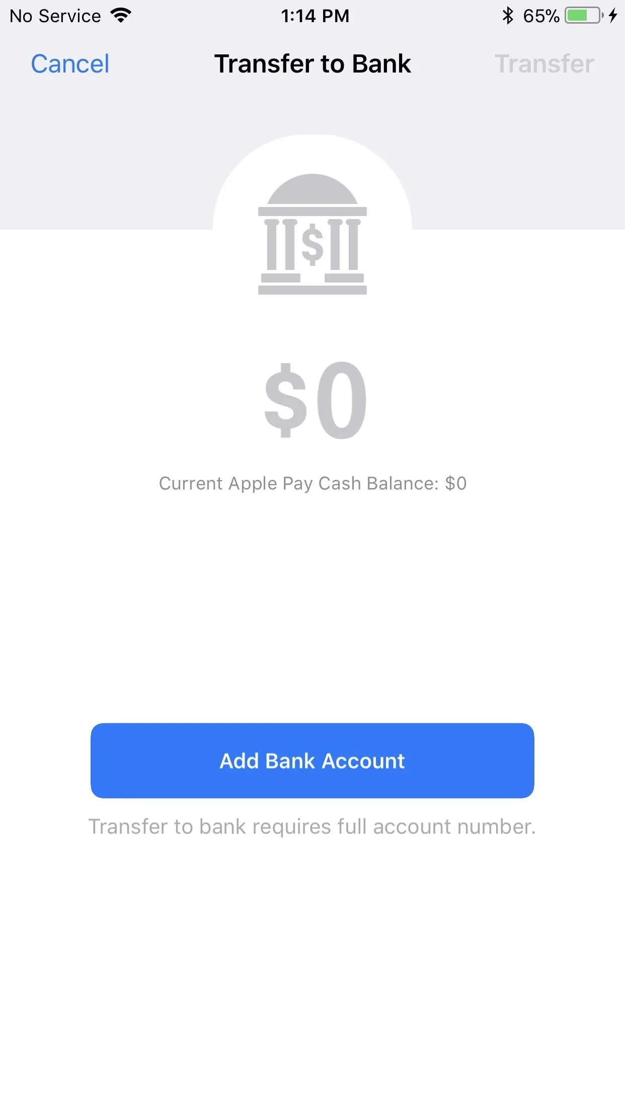 Transfer to Bank screen showing a balance of $0 and a "Without Account" button.