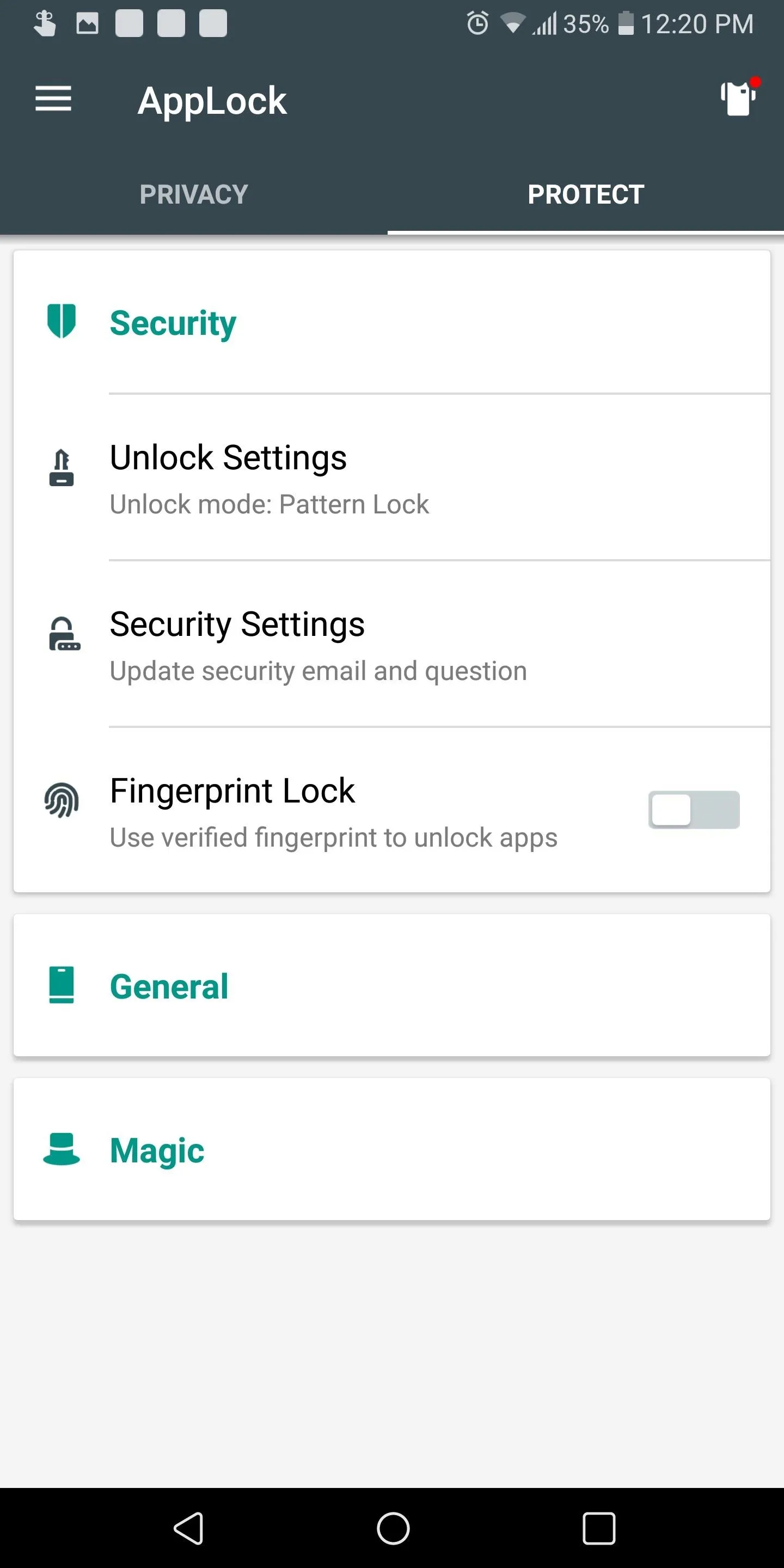 Application settings menu with options for security and layout configuration.