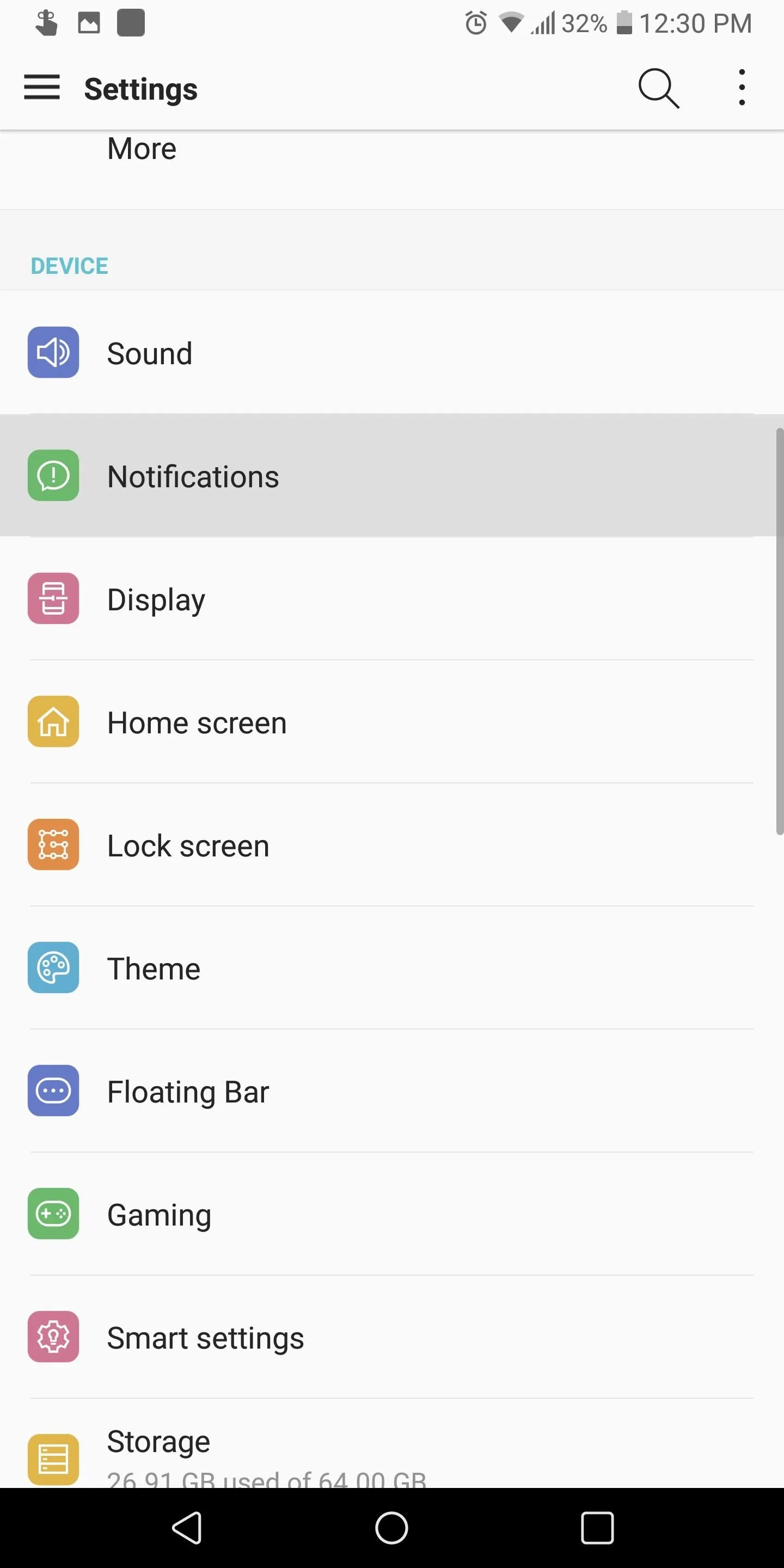 Mobile settings menu with categories like Notifications, Display, and Gaming.