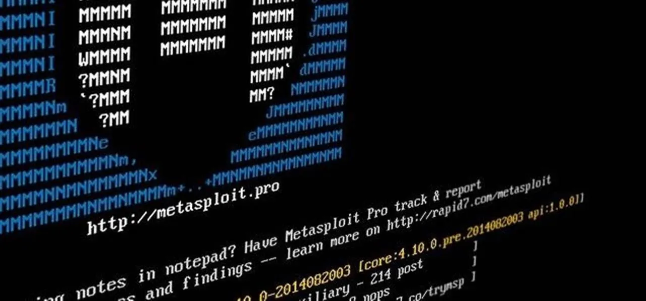 Computer screen displaying code related to Metasploit Pro, with a logo in the background.