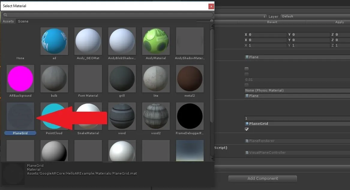 Material selection interface with various texture options in a 3D software application.