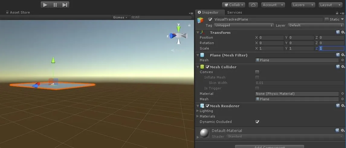 3D modeling workspace in Unity showing a simple landscape with properties panel.