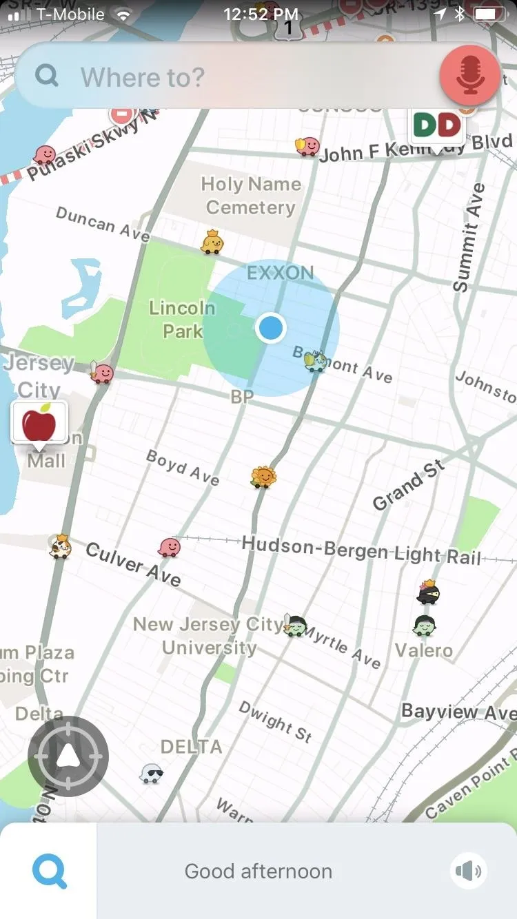 Map view displaying streets and landmarks with navigation features.