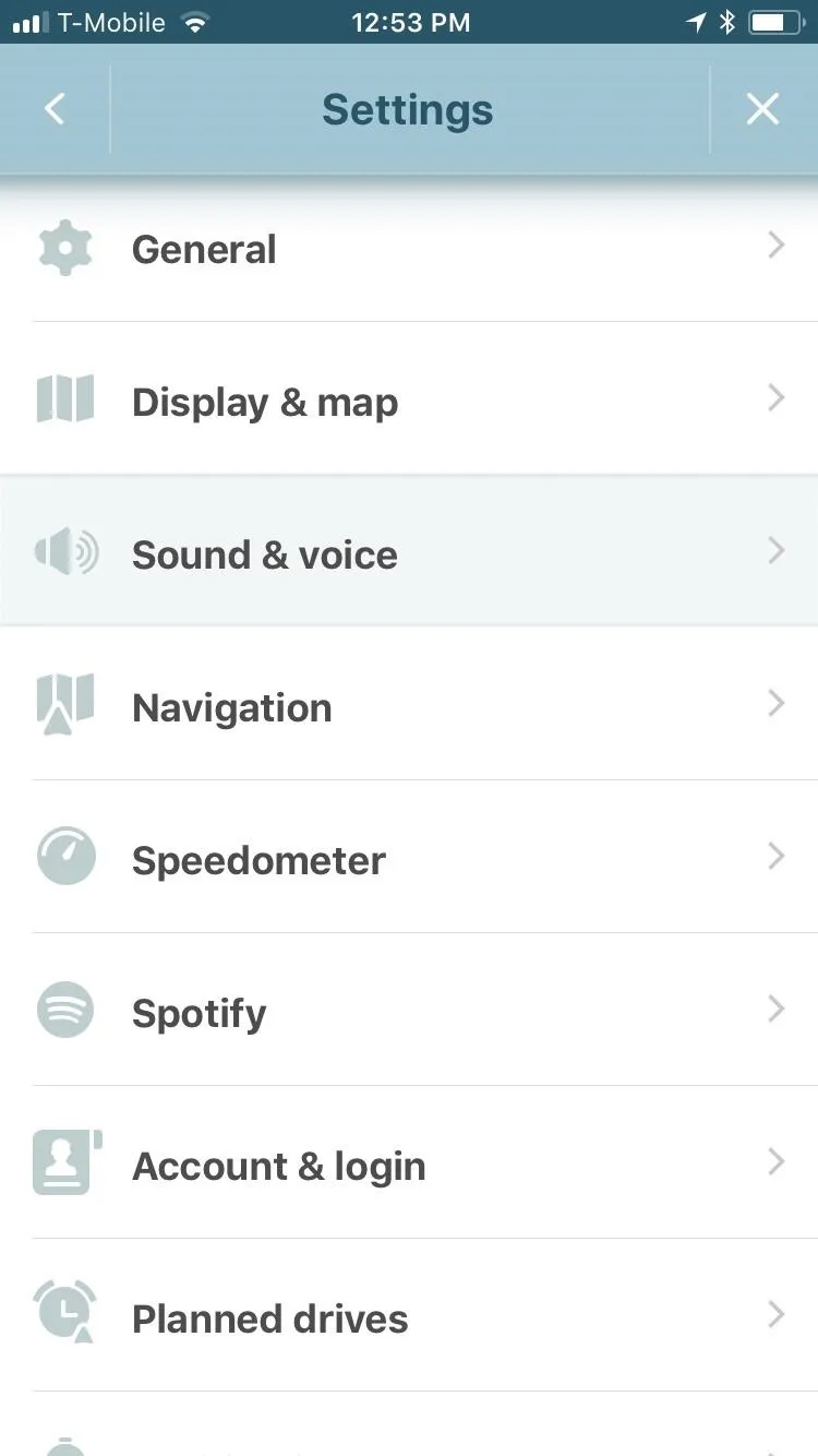 Settings menu showing options for sound, navigation, and account details.