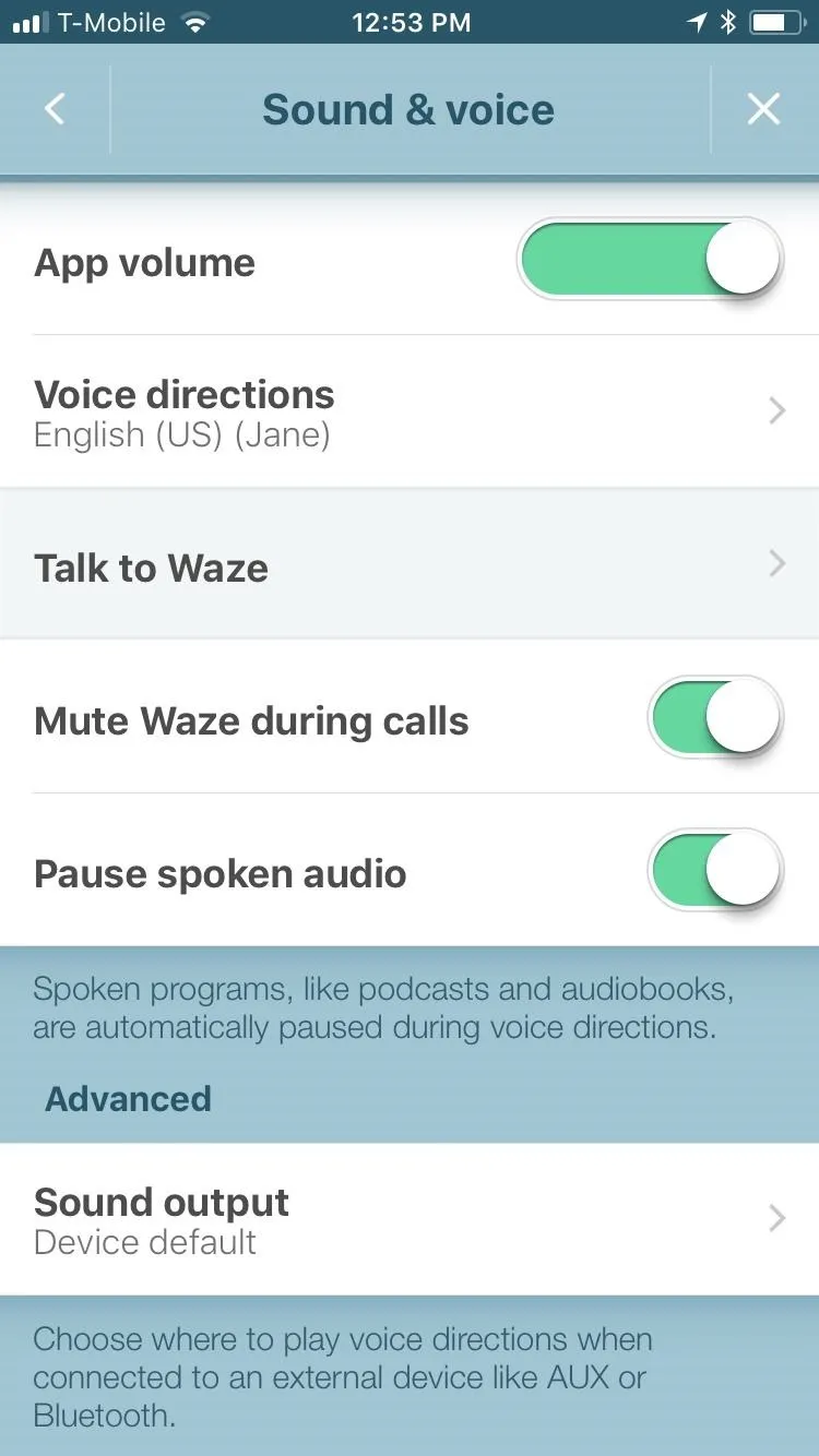 Sound and voice settings menu on a mobile device.