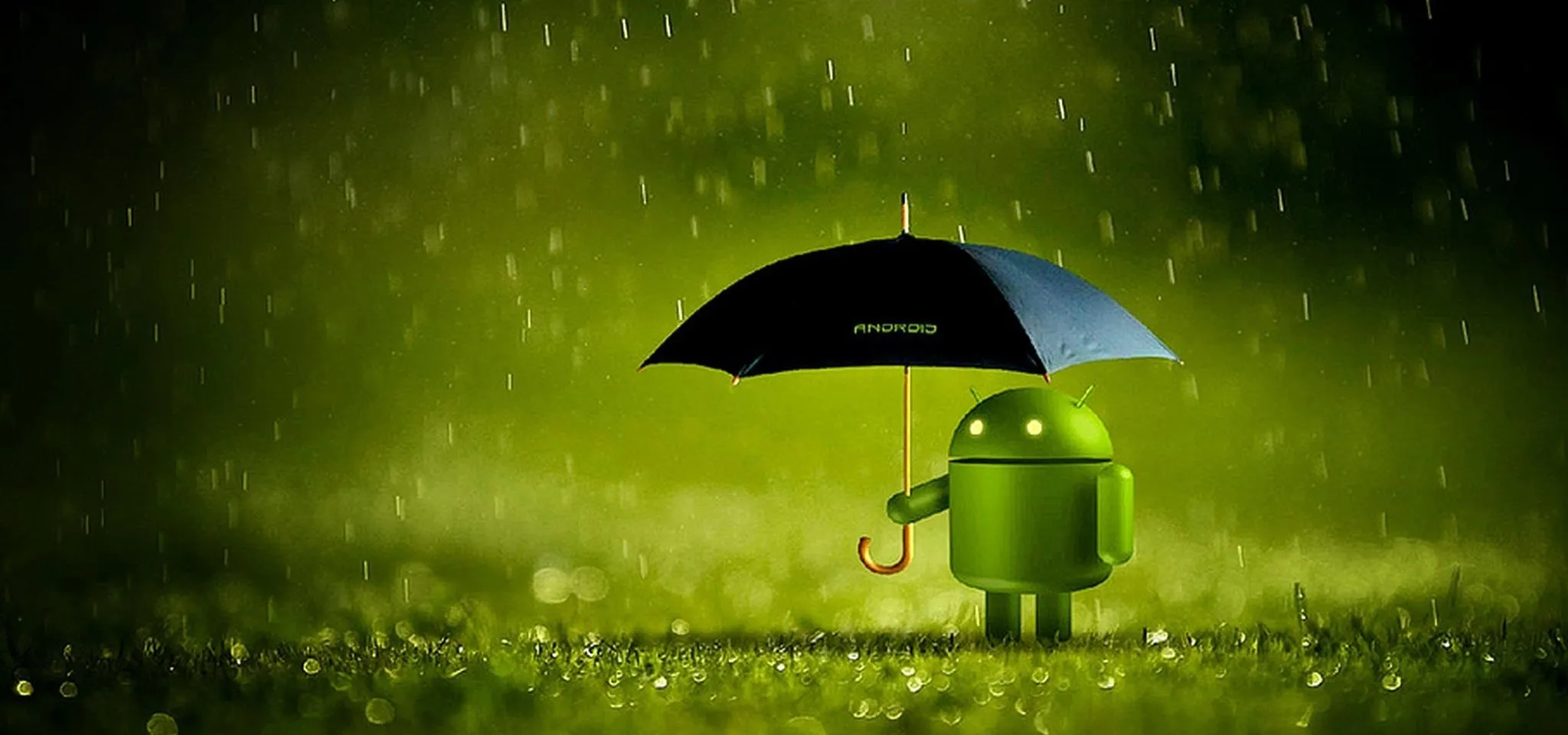 Android robot under an umbrella in the rain.