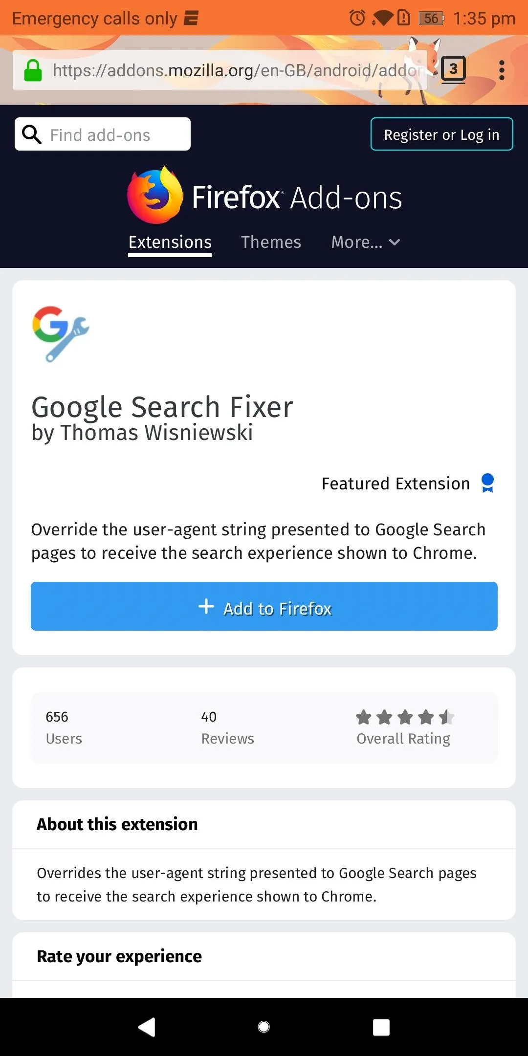 Google Search Fixer Firefox Add-on page screenshot.