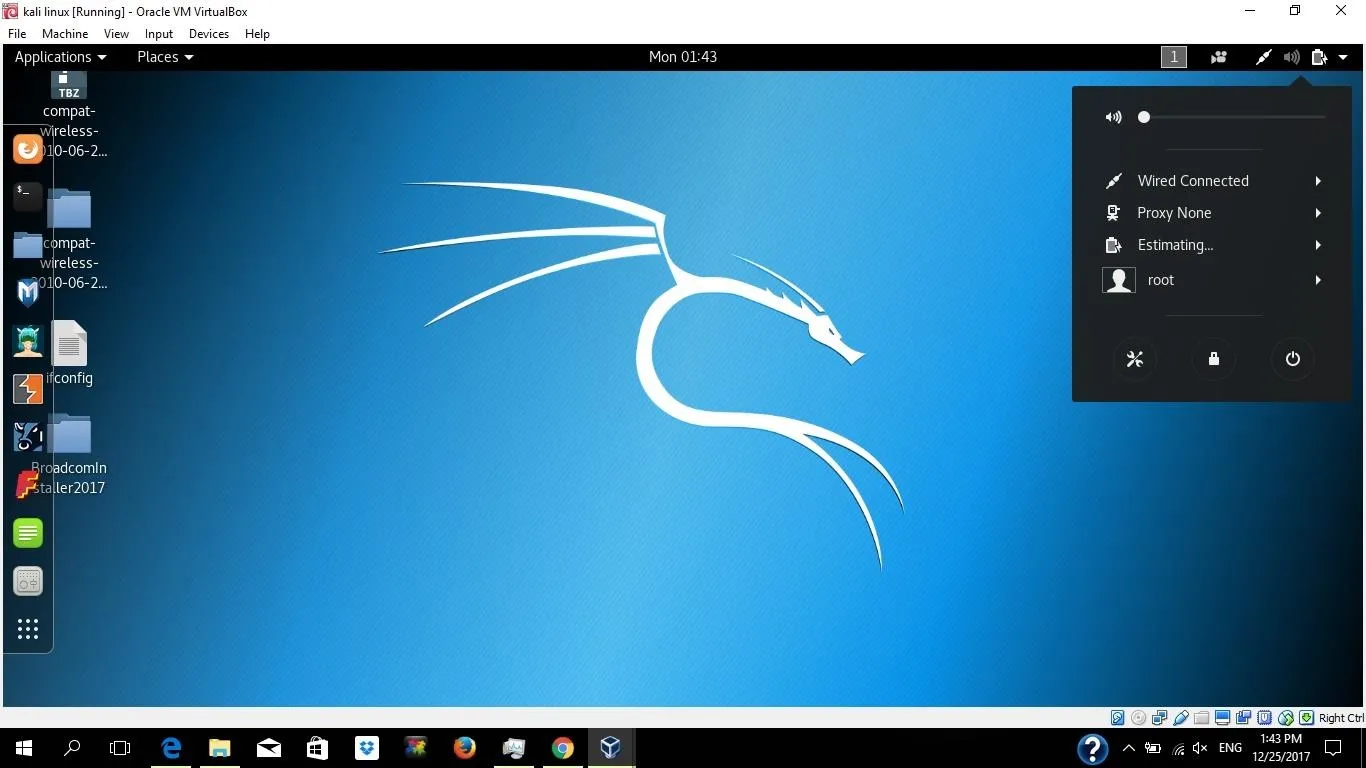 Kali Linux desktop interface with a blue background and a dragon logo.