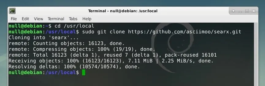 Terminal window displaying Git clone command for a repository.