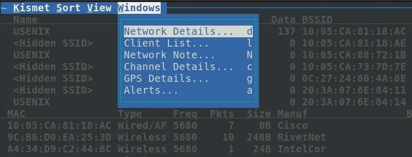 Network details interface with options and a list of available networks.