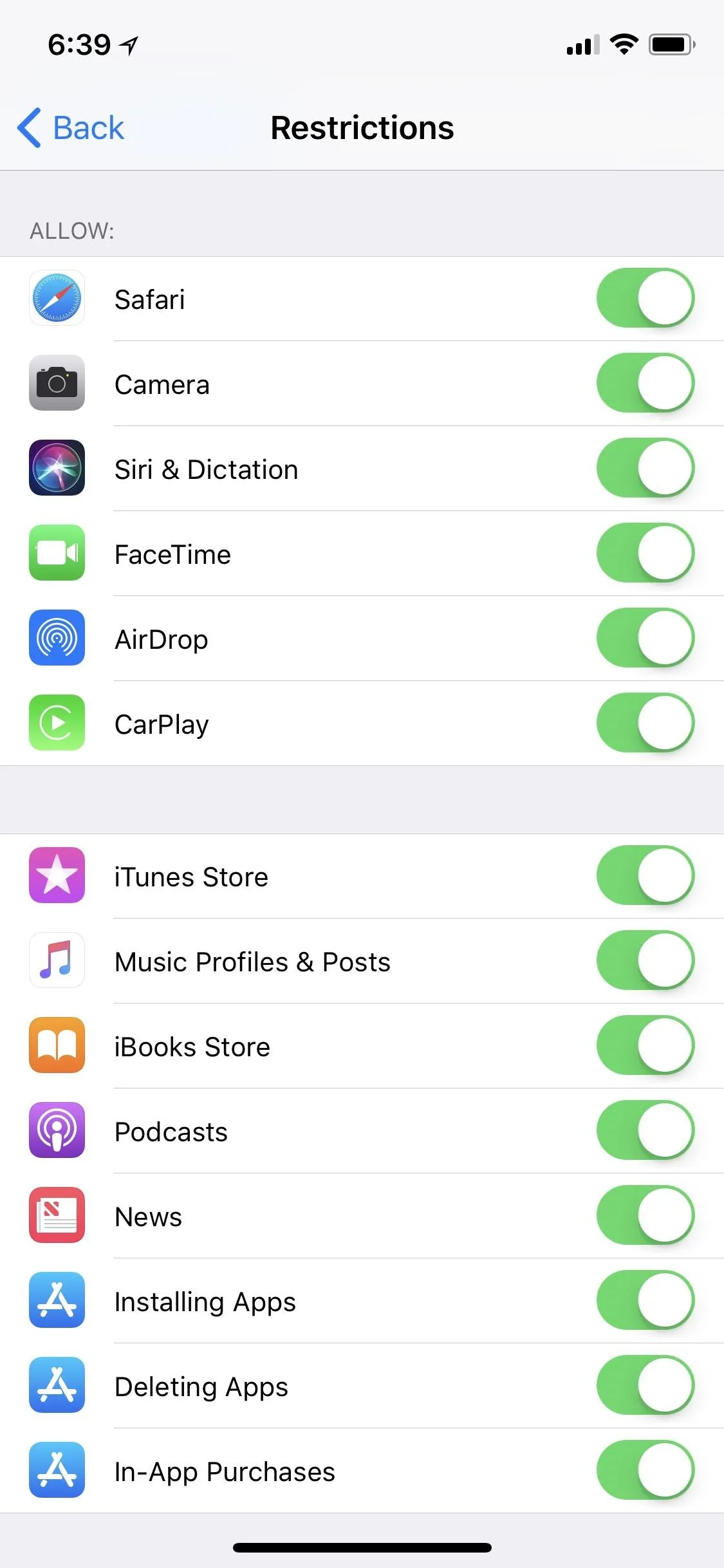 Screenshot of mobile device settings menu with various app permissions enabled.