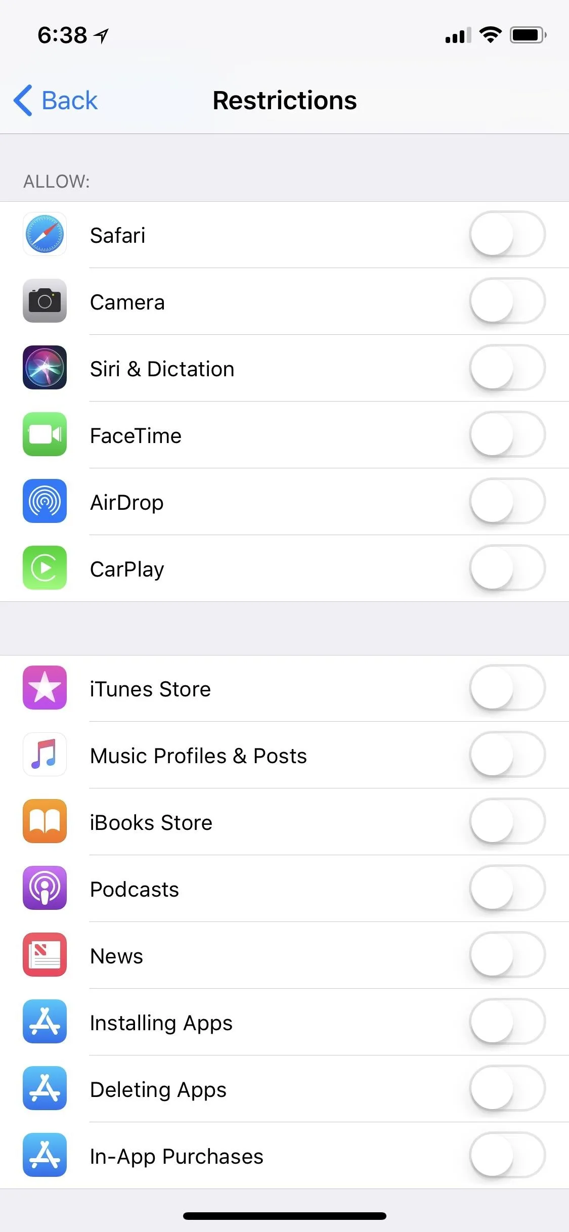 App settings menu with various application icons listed.