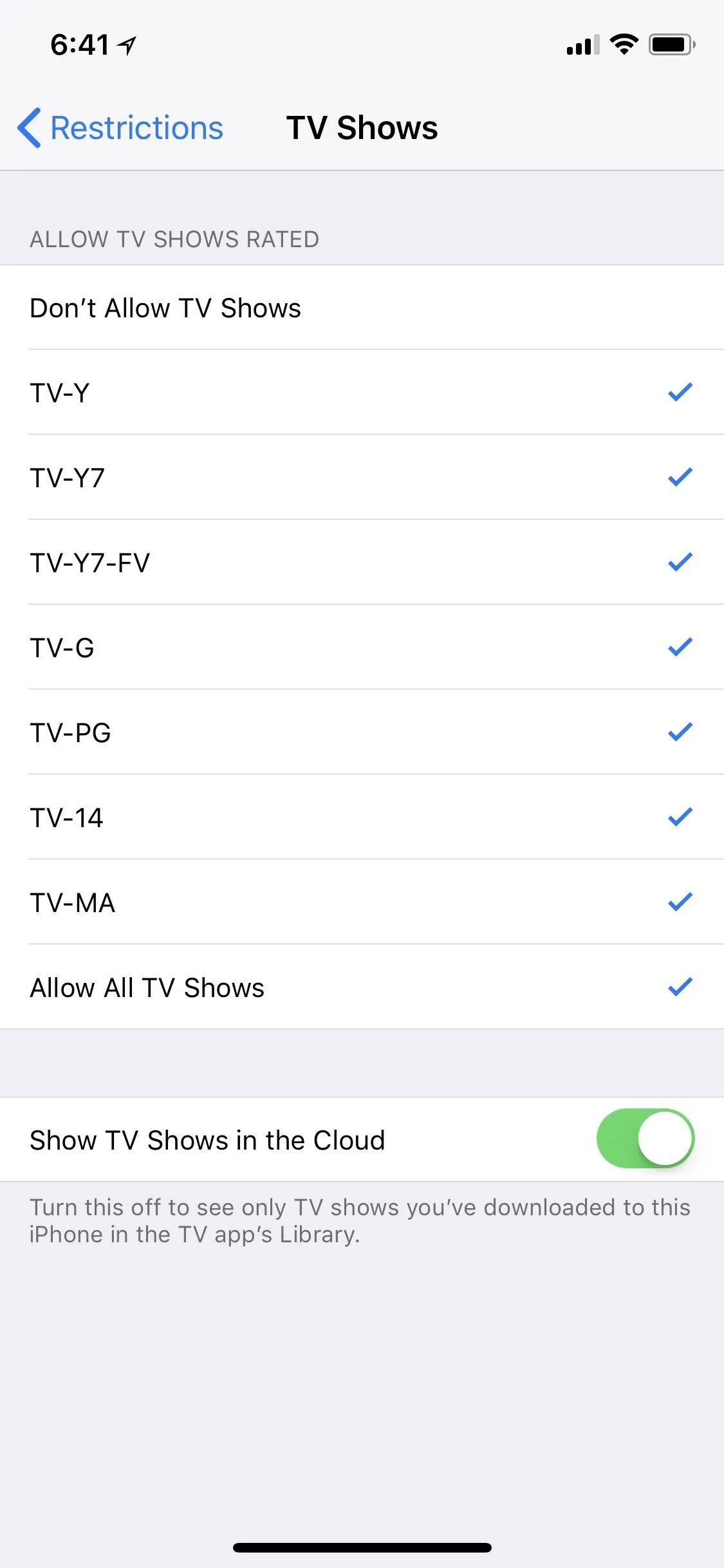 TV streaming settings screen on a mobile device.