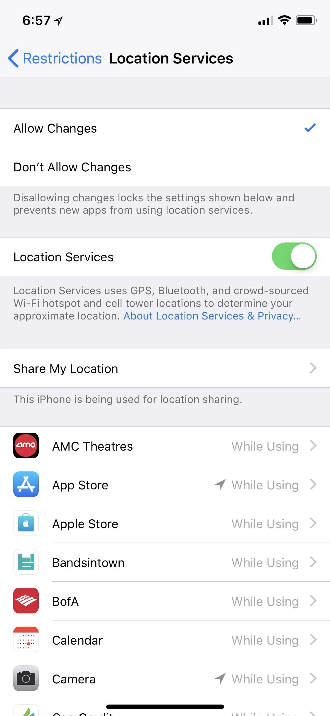 Location Services settings on a mobile device.