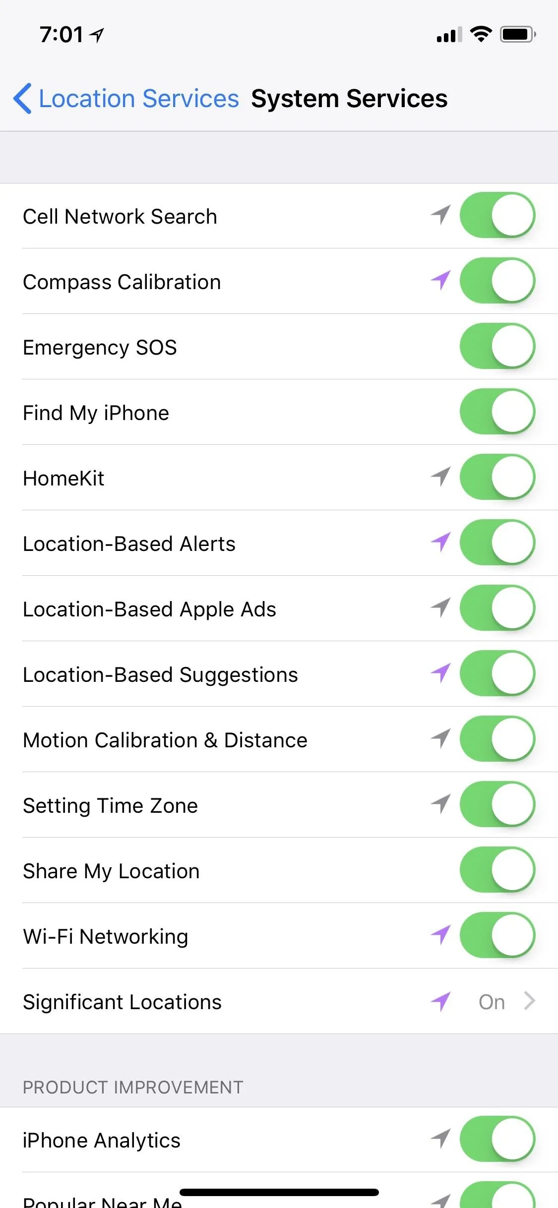 Settings menu for system services on a mobile device.