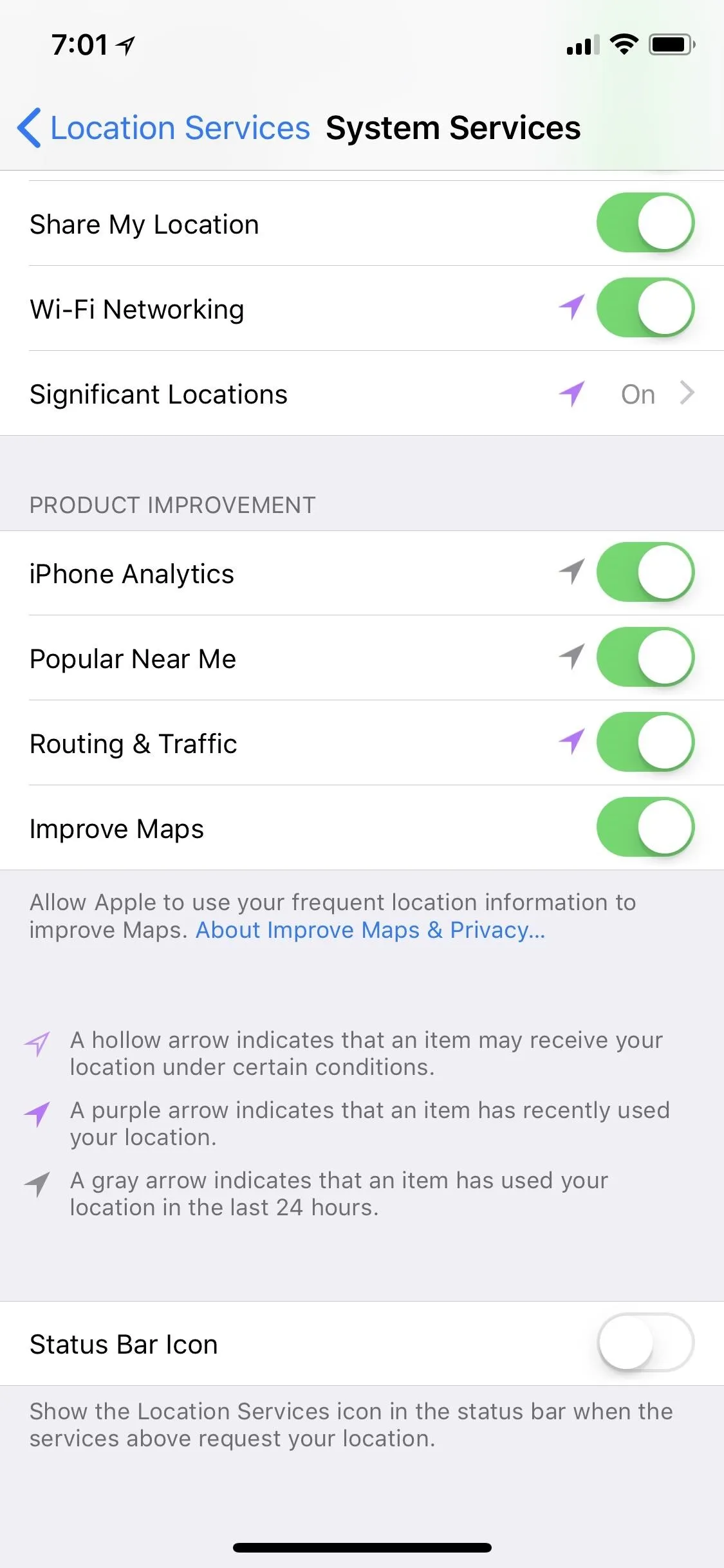 Settings for location services on a mobile device.