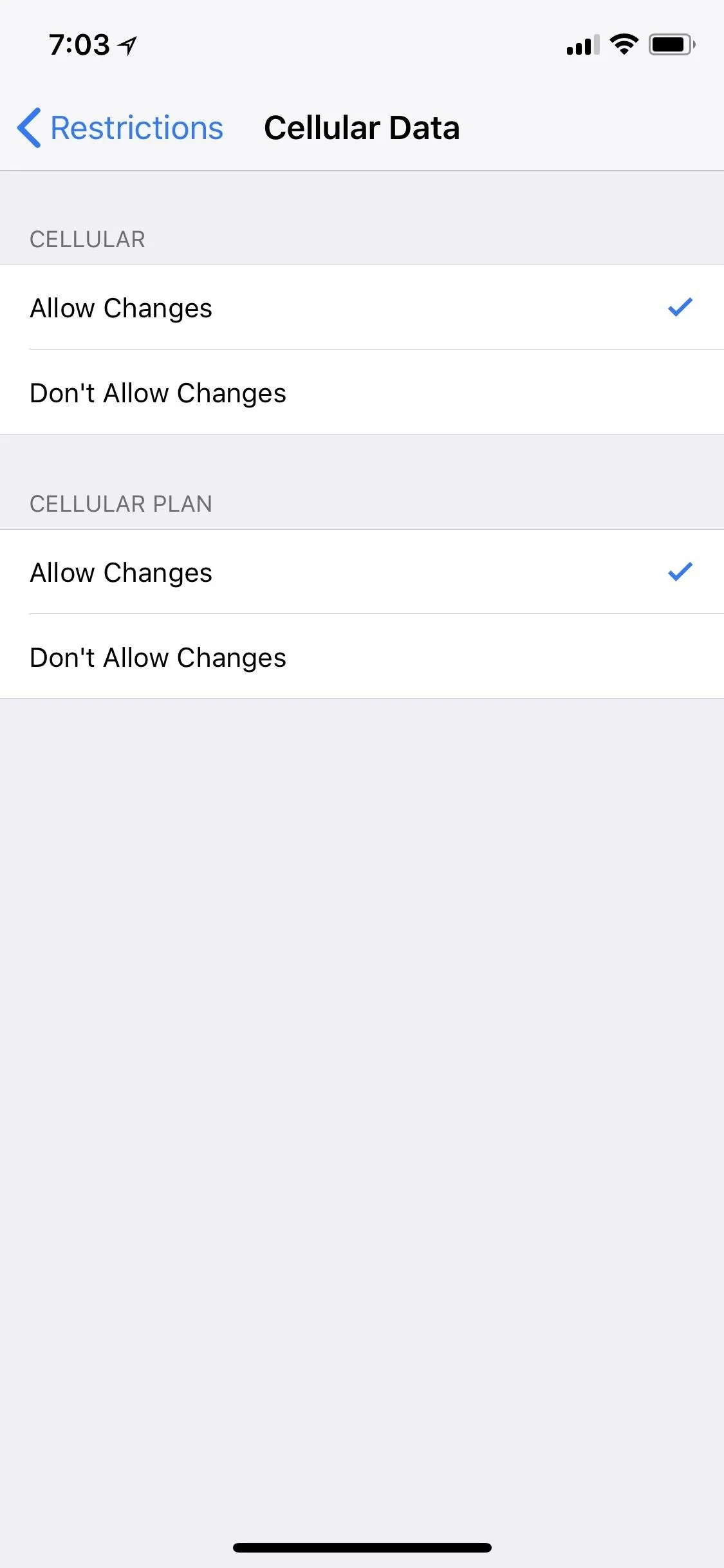 Cellular data settings on a smartphone.