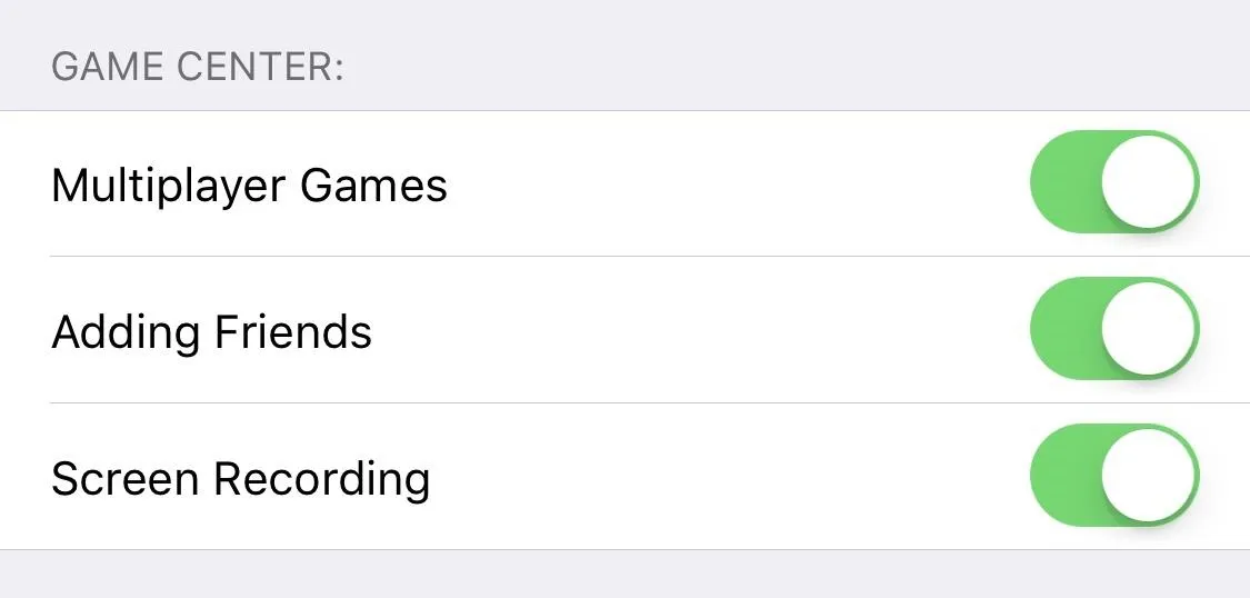 Game center settings with toggles for multiplayer games, adding friends, and screen recording.