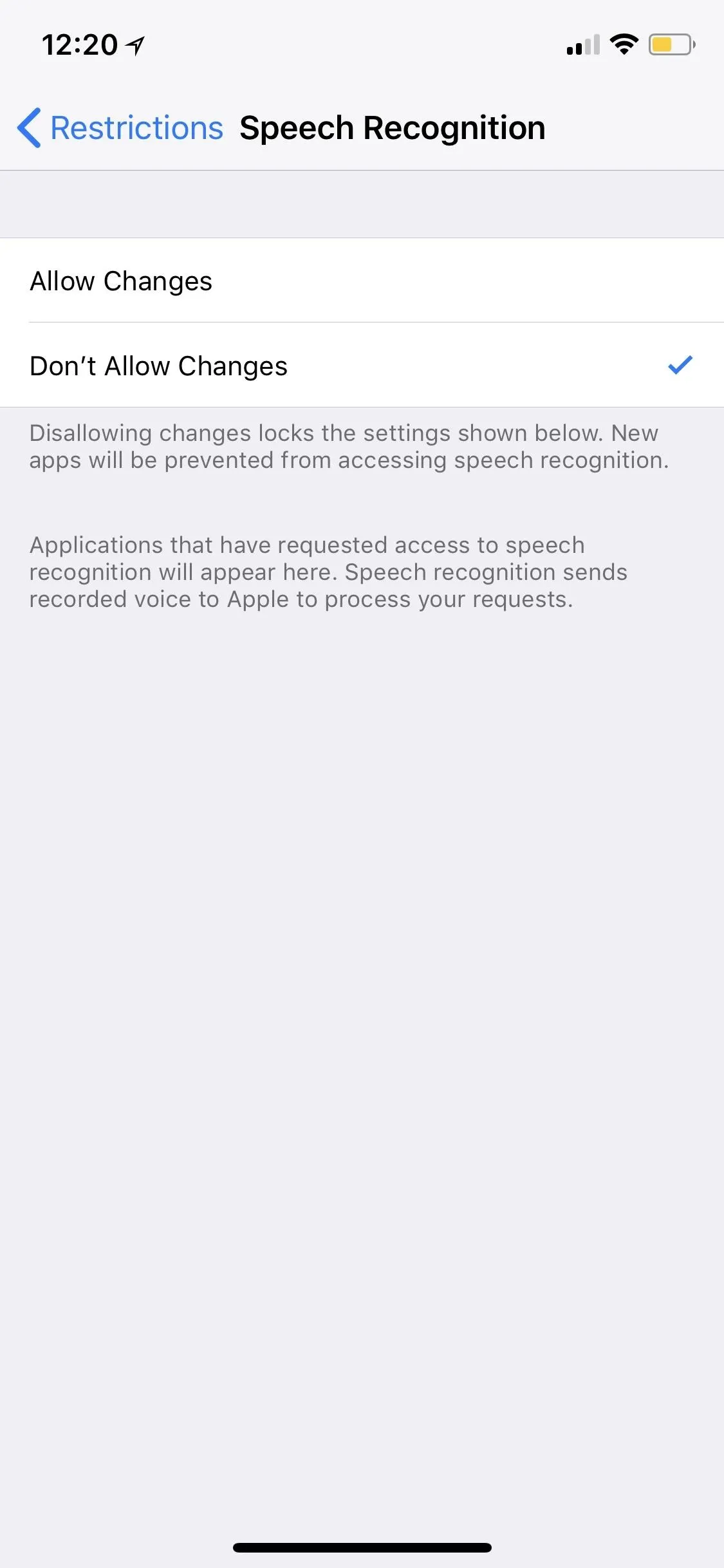 Speech recognition settings on a mobile device.