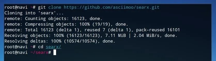 Terminal command output showing the cloning process of a Git repository.