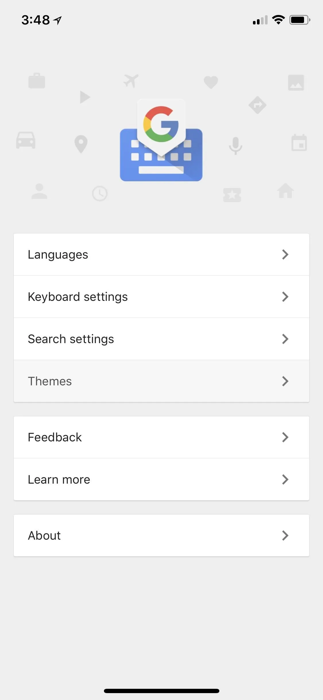 Google keyboard settings interface on a smartphone.