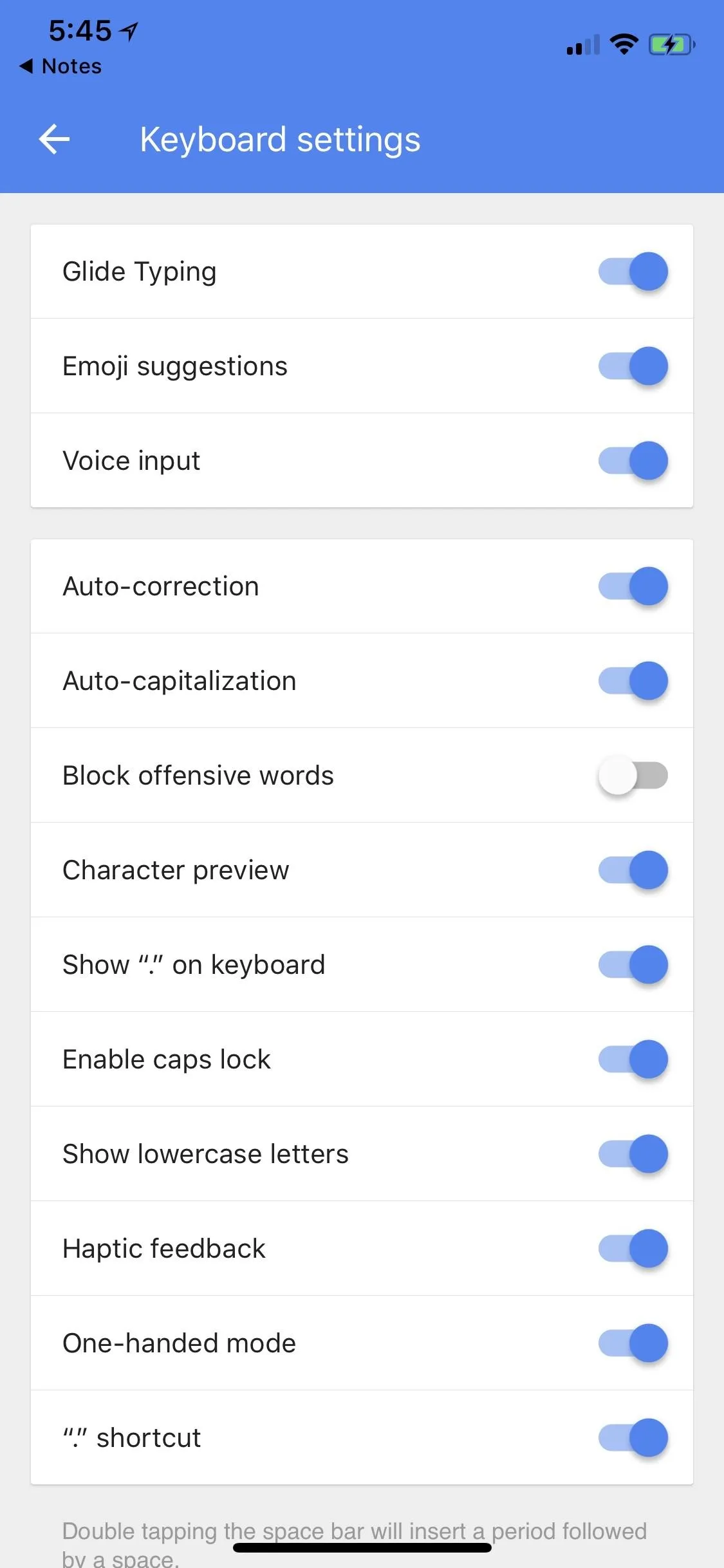 Keyboard settings menu with options for text correction, suggestions, and other features.