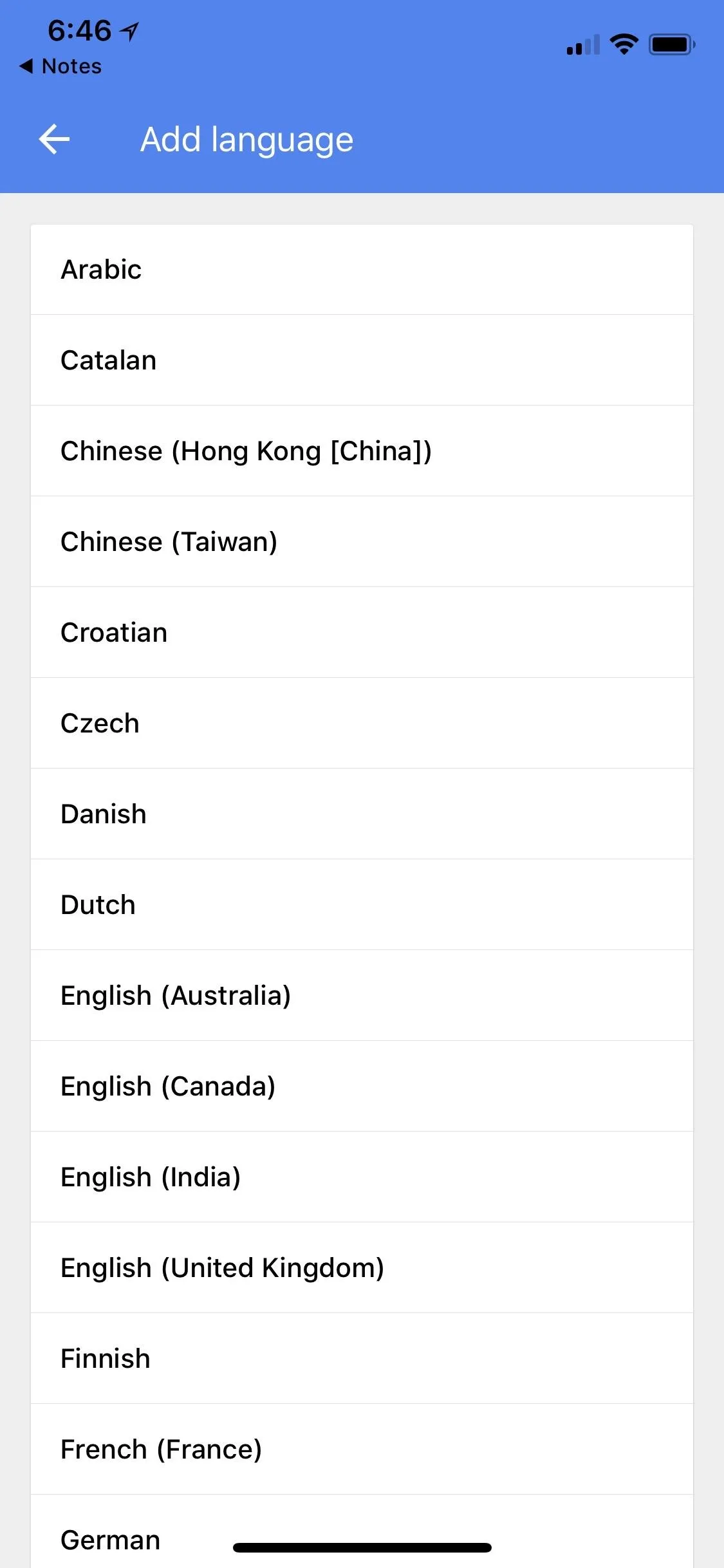 List of languages in a mobile app interface.