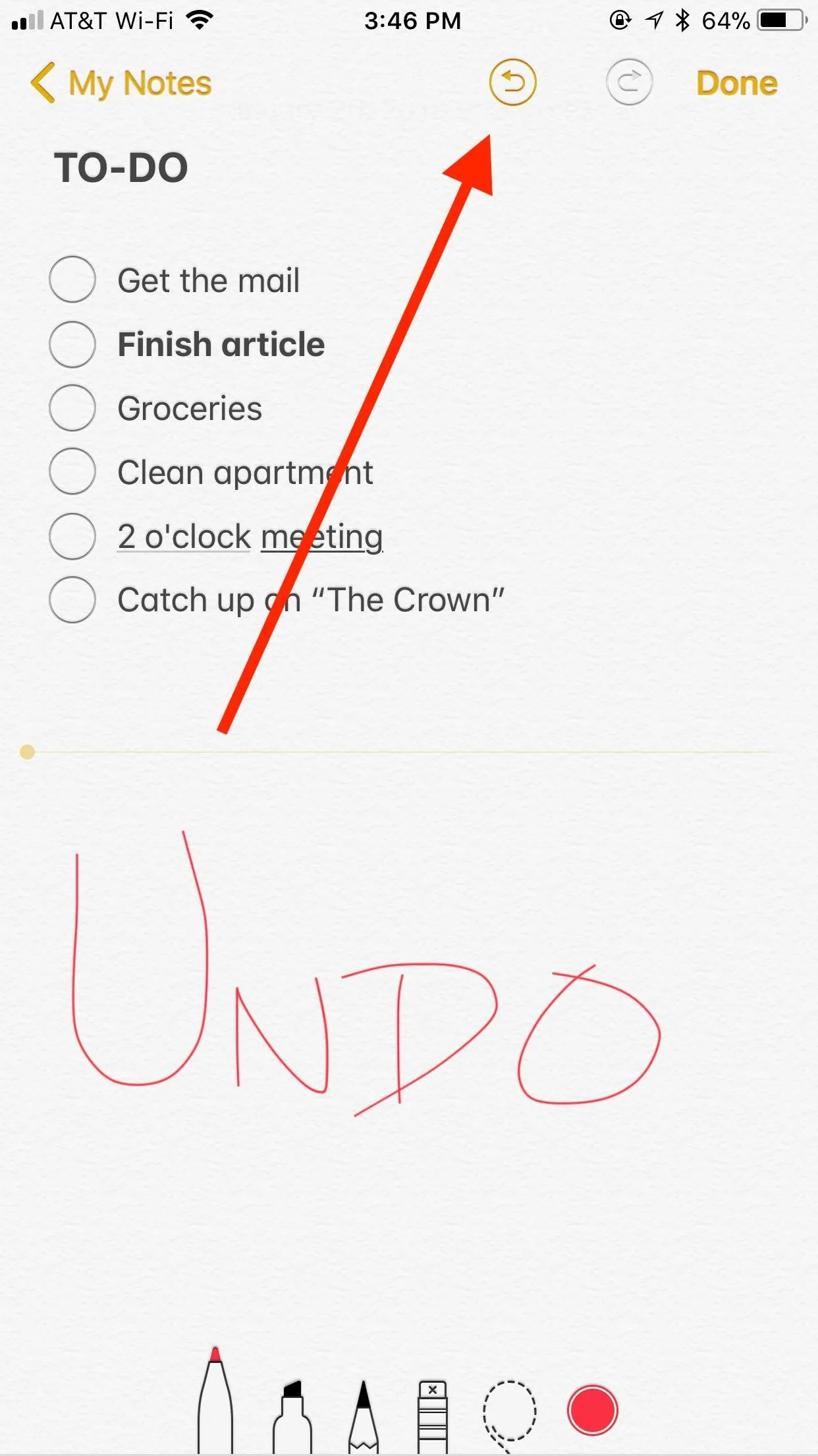 To-do list with items checked and "UNDO" written in red.