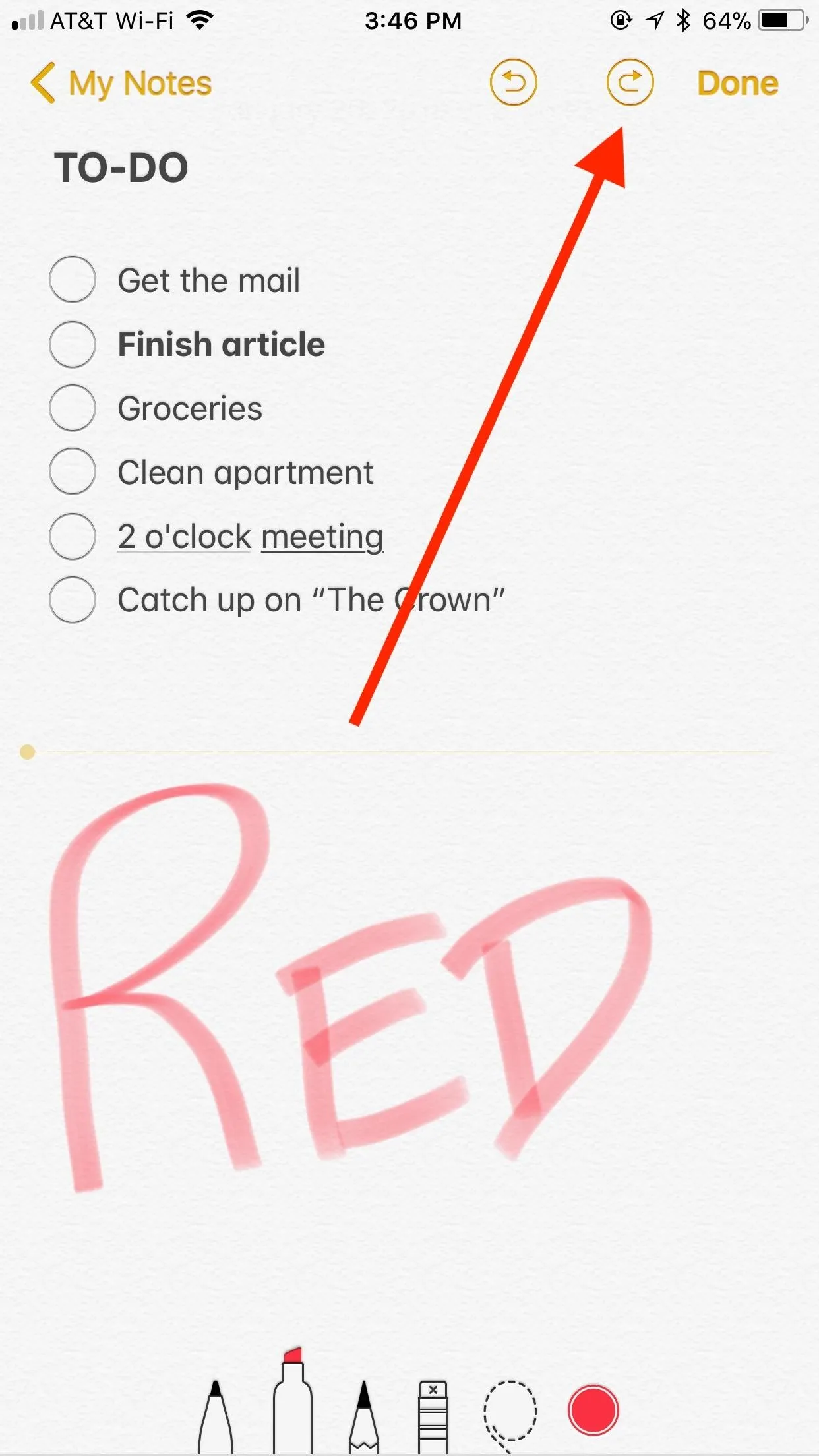 To-do list with items and 'RED' handwritten in large letters.