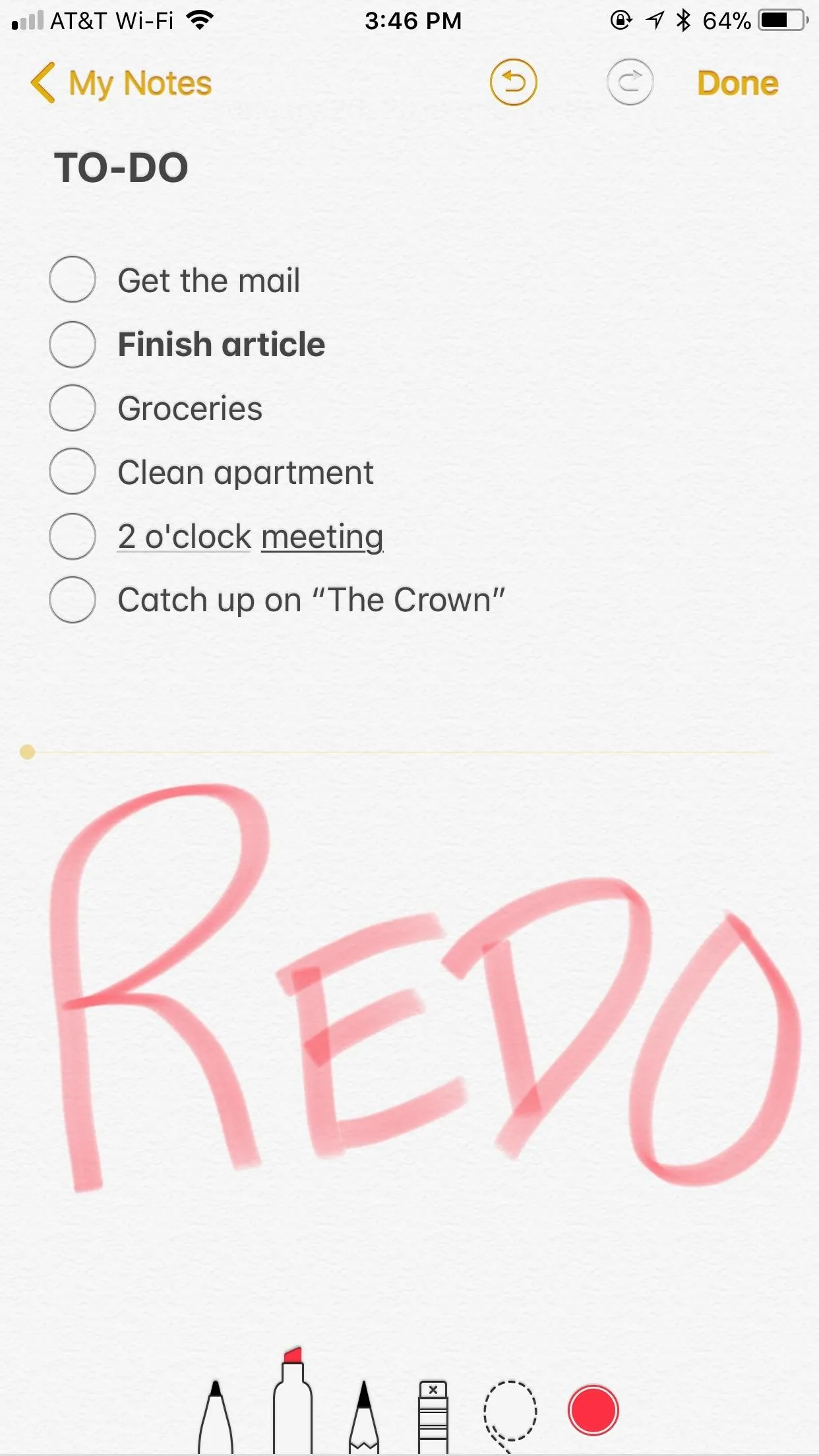 To-do list with items including "Finish article," "Groceries," and "Clean oven," marked with "REDO" in red.