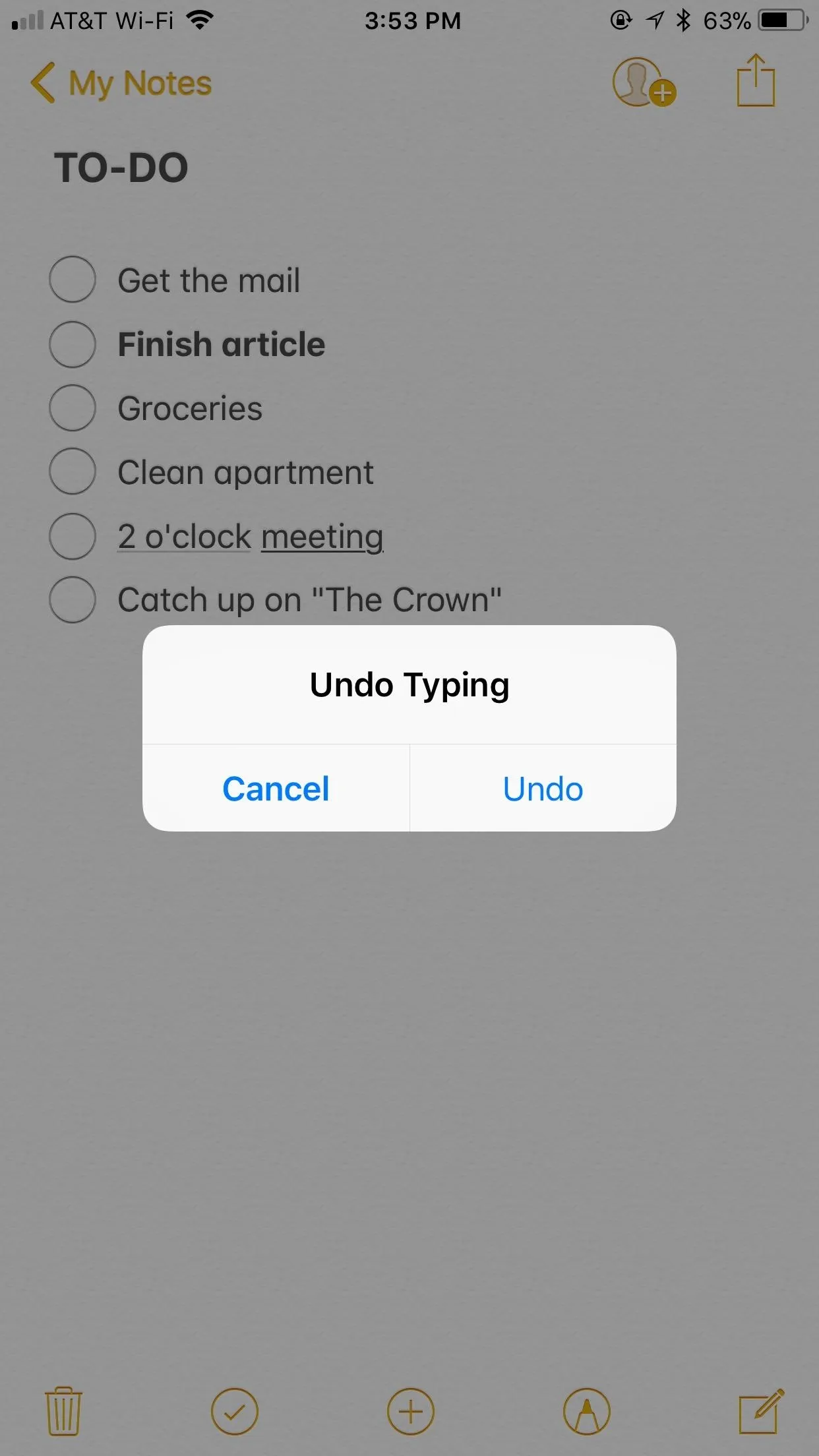 To-Do list with options to cancel or undo typing.