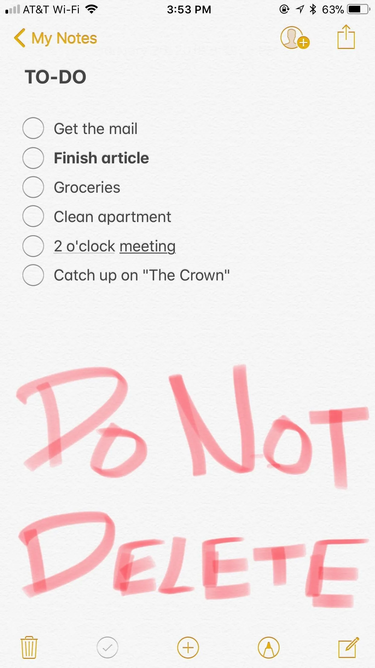 To-do list with various tasks and a note saying "Do Not Delete" written in red.