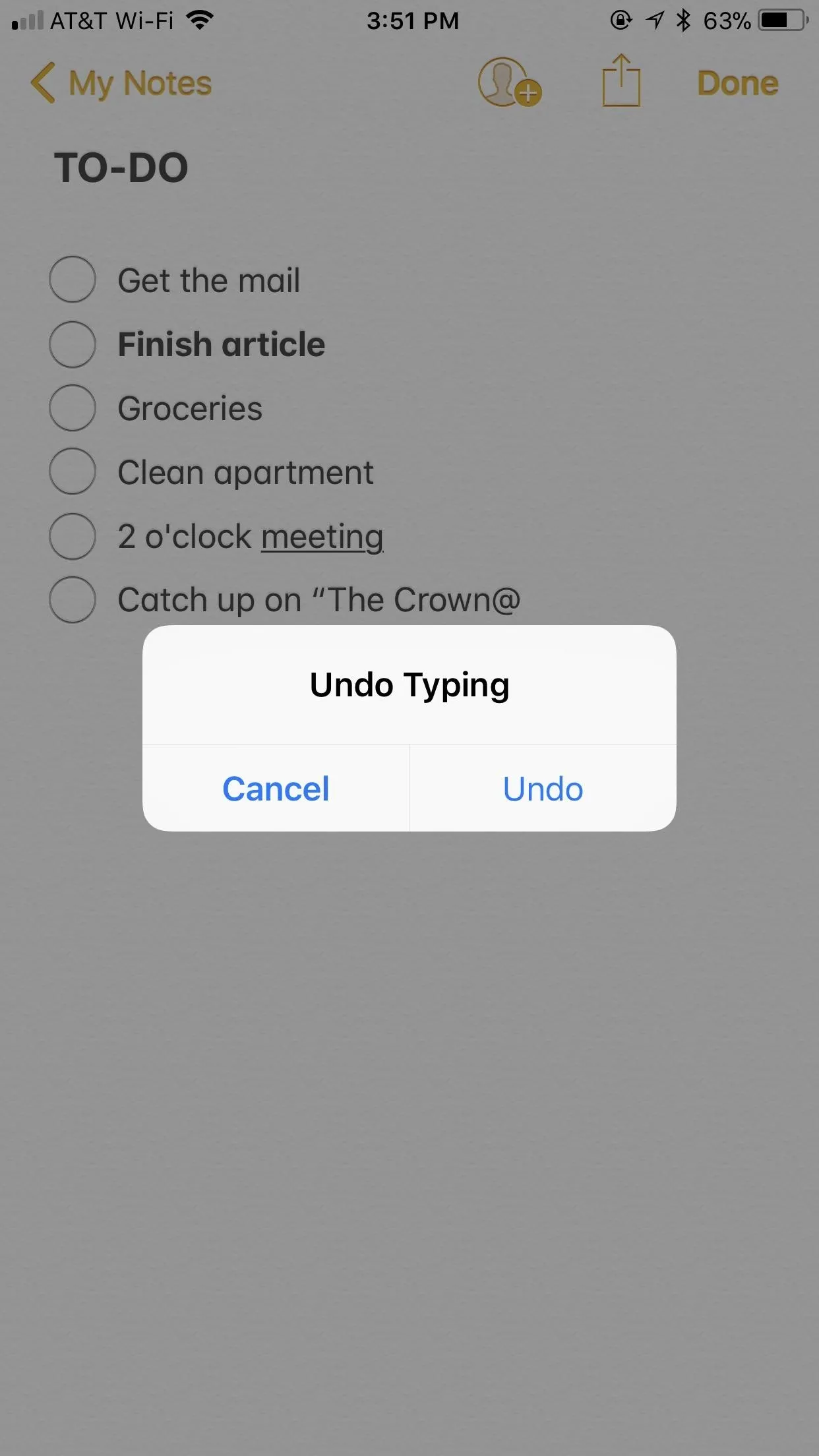 To-Do list application showing options to 'Cancel' or 'Undo Typing'.