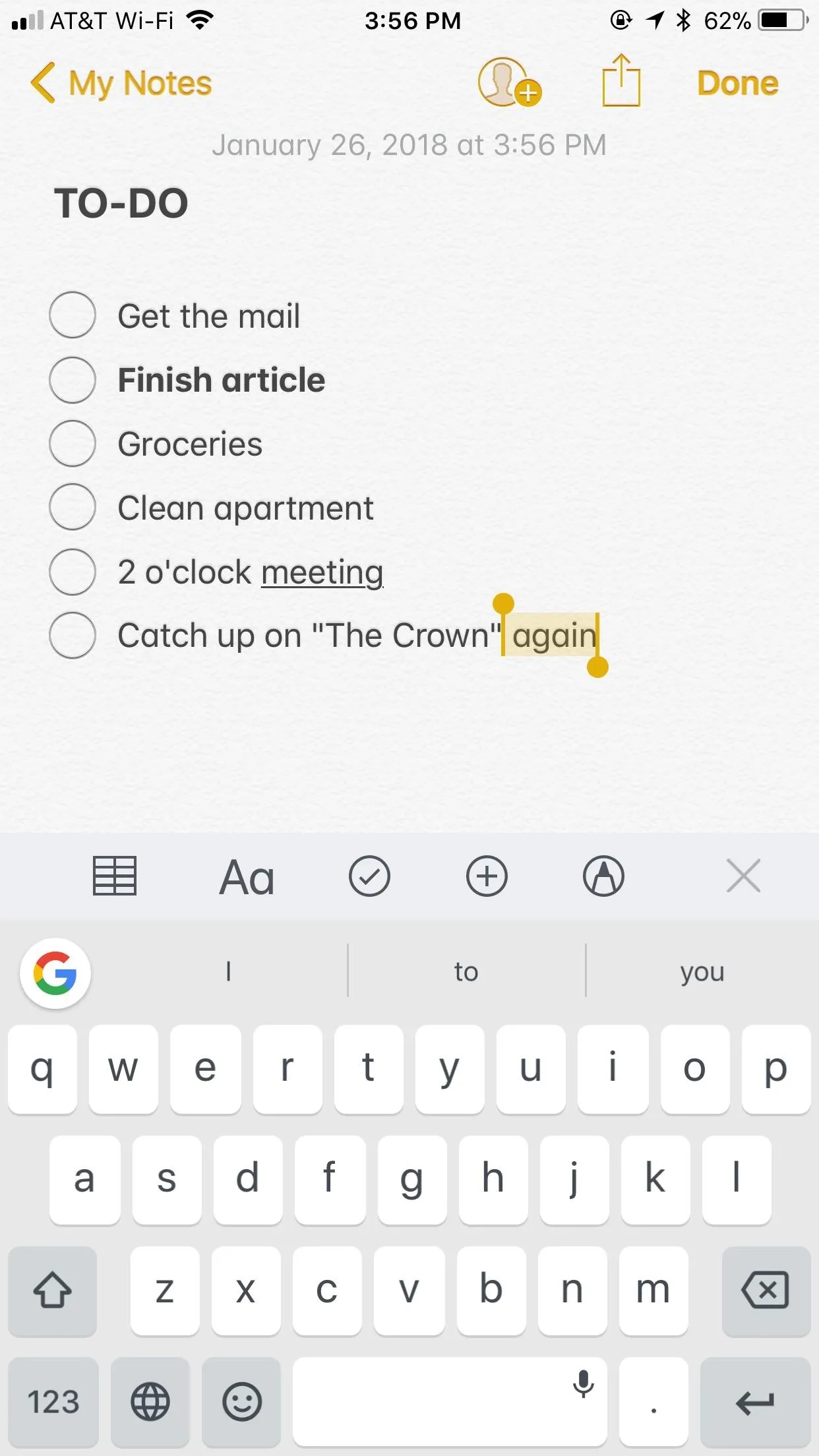 To-do list on a mobile device with tasks written out.