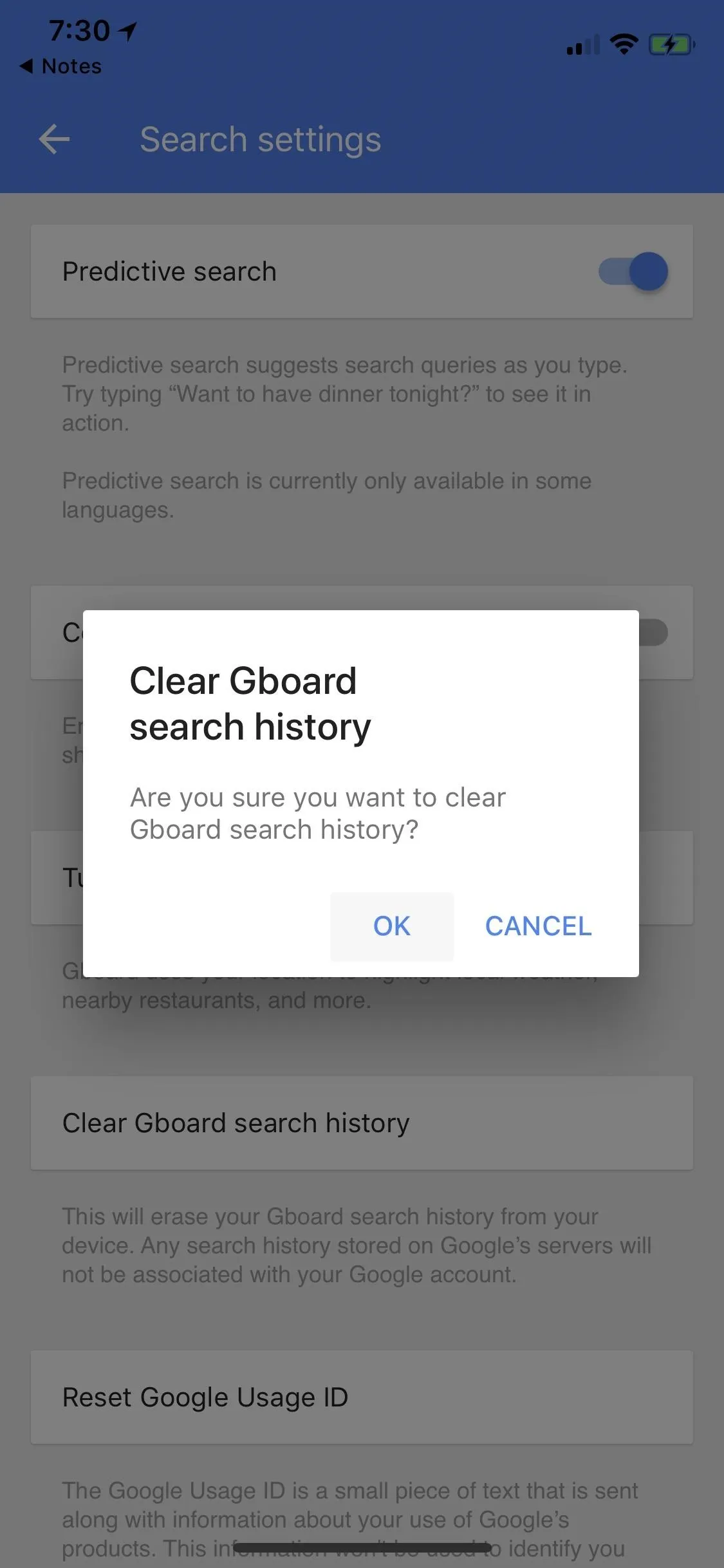 Clear search history confirmation prompt on a mobile app.