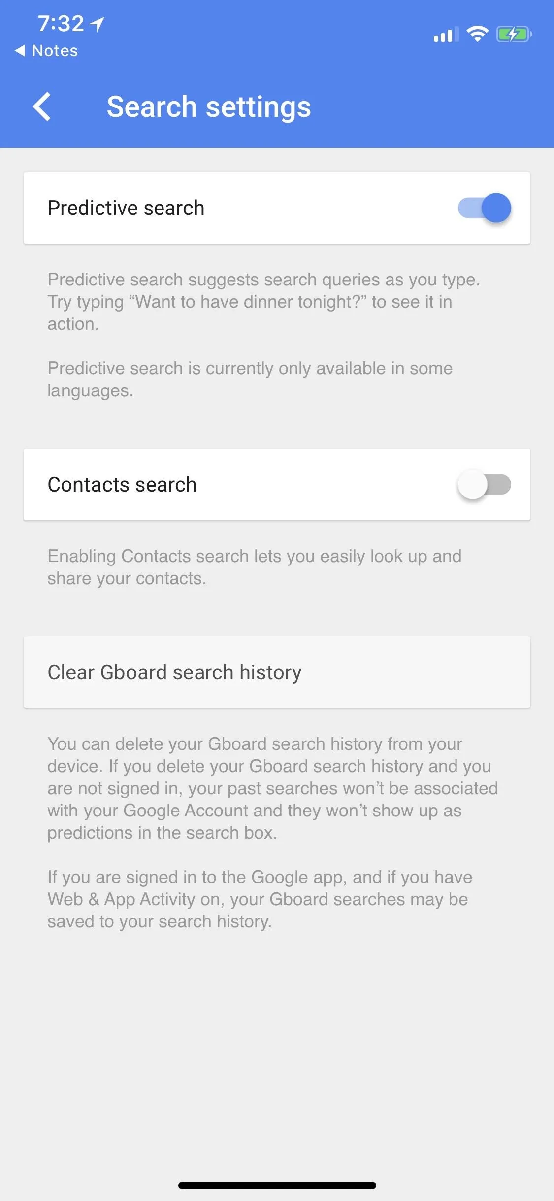 Search settings interface on a mobile device.