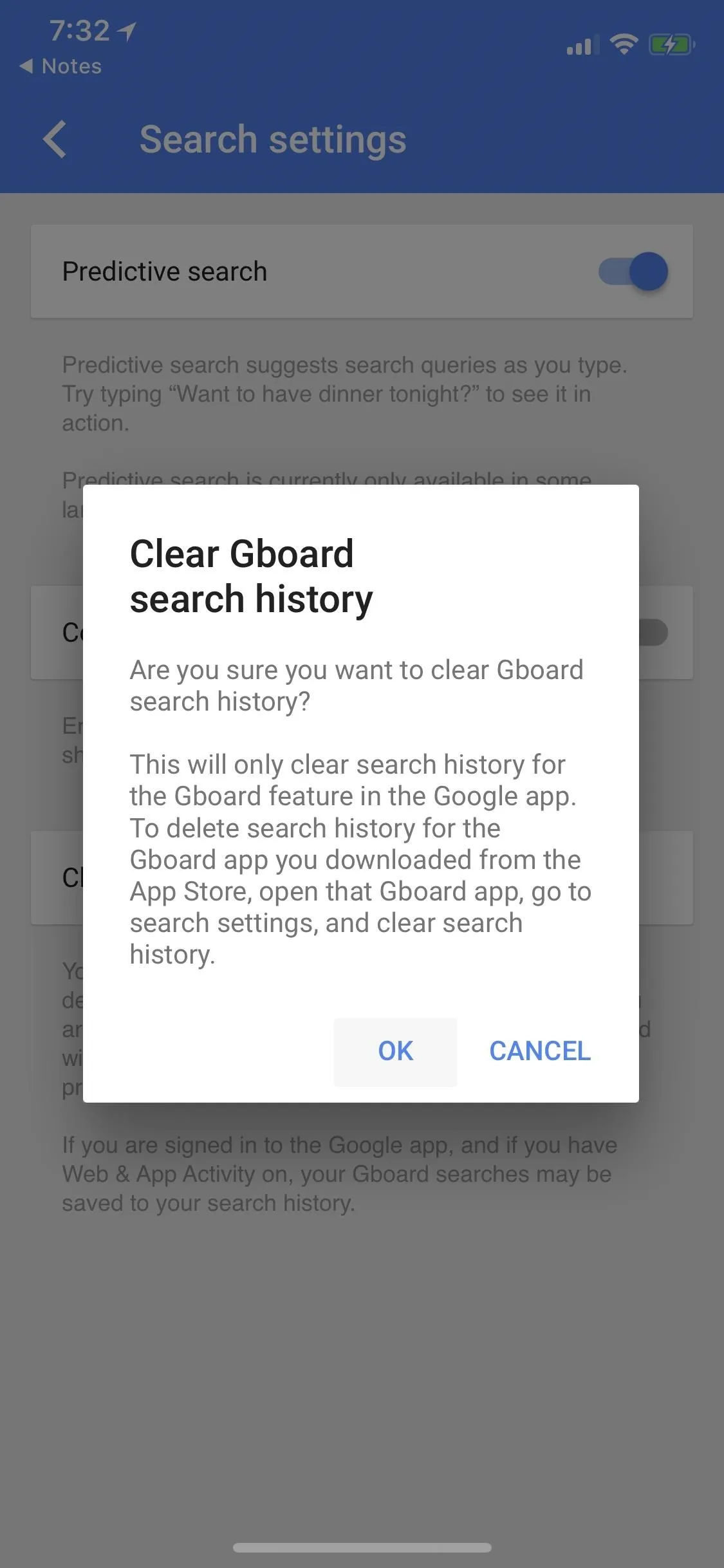 Clear Google search history pop-up message.