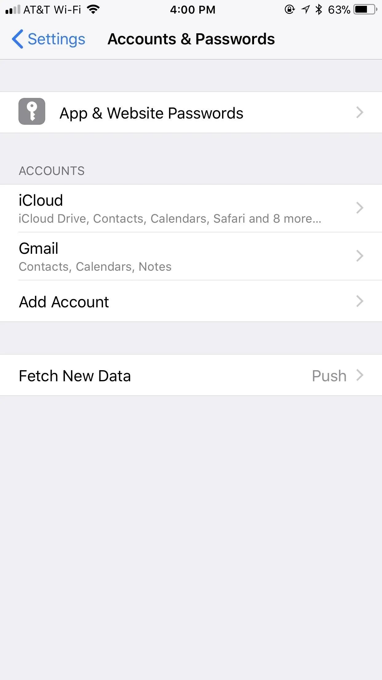 Settings menu for managing app and website passwords on an iPhone.