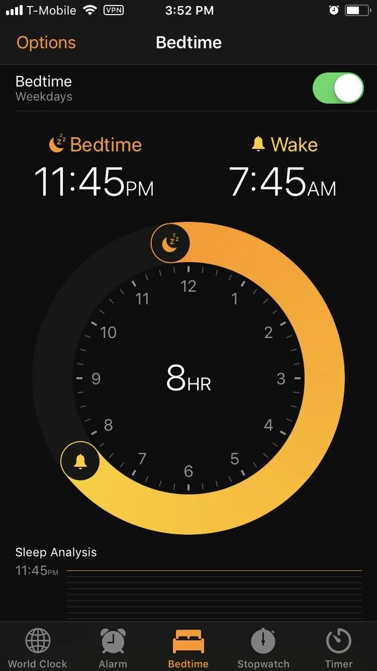 Alarm and clock app interface showing set times for bedtime and wake-up alarms.