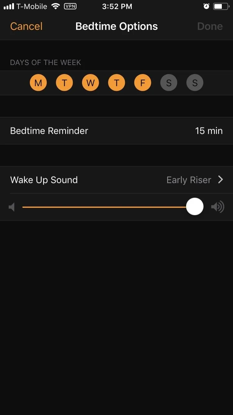 Bedtime options settings on a mobile device.
