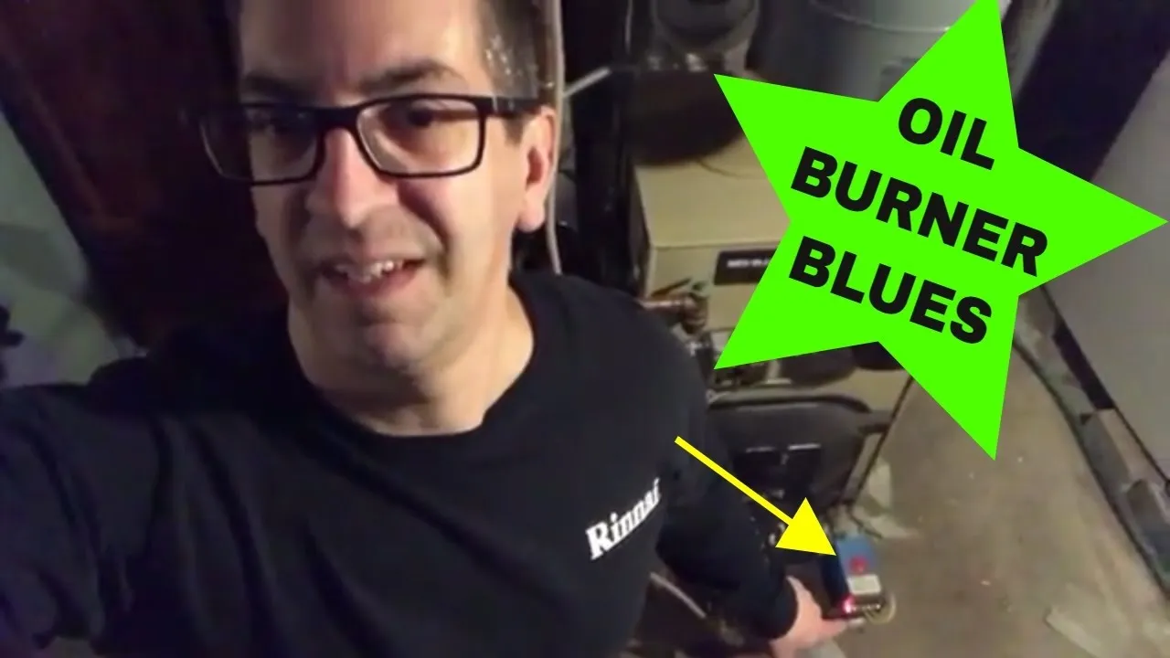 Person taking a selfie in a basement near an oil burner with text overlay about oil burner issues.