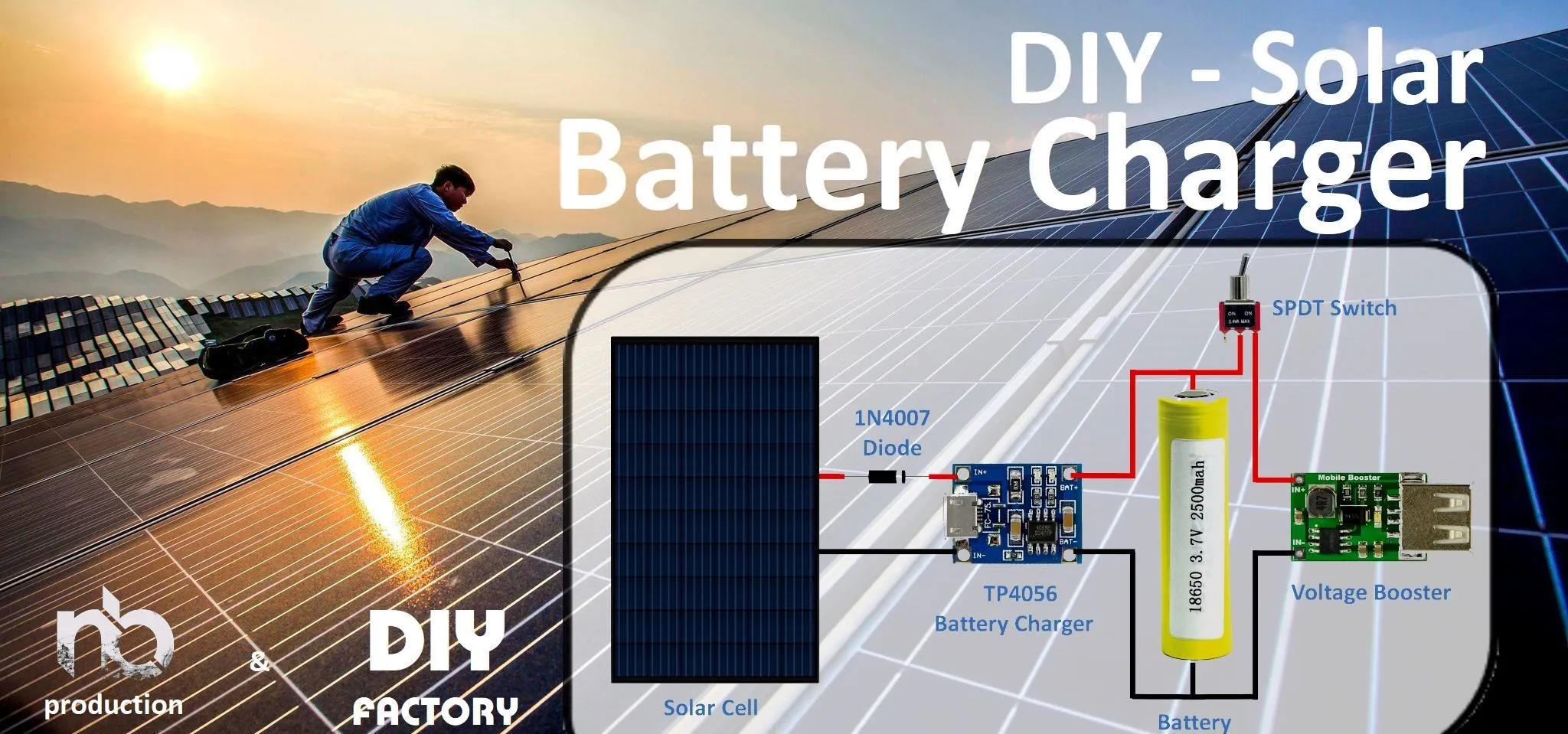 DIY solar battery charger setup with solar panel and circuit components.