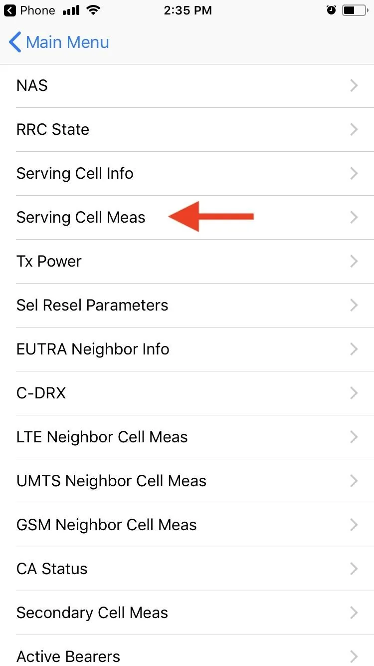 Serving Cell Menu on a mobile device screen.