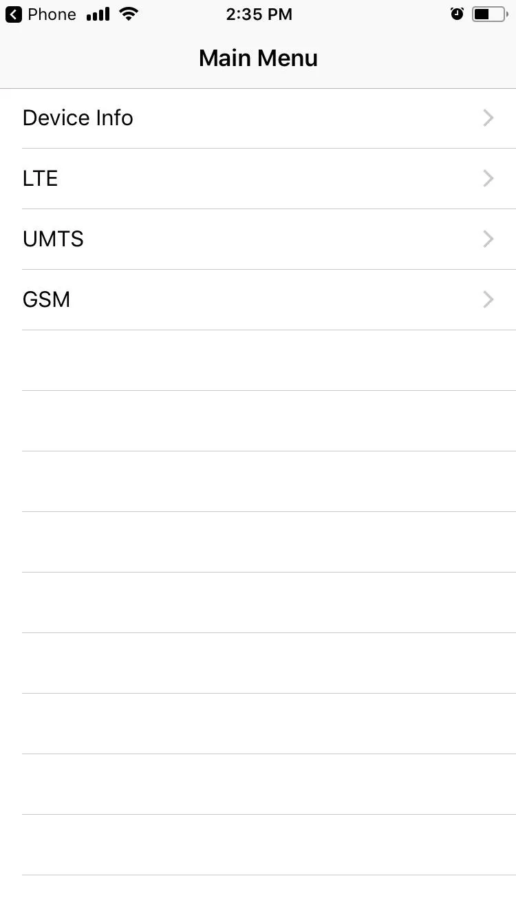 Main menu screen of a mobile device showing options for Device Info, LTE, UMTS, and GSM.