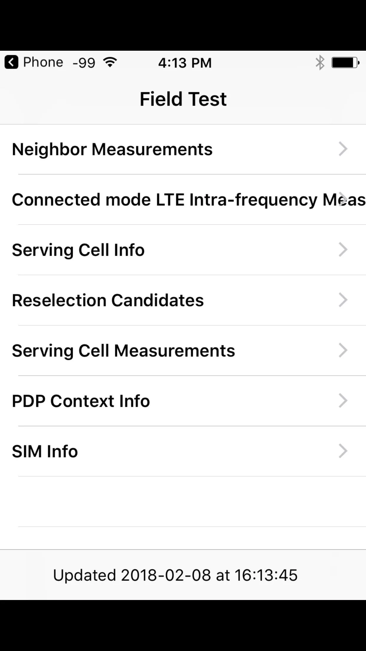 Field test menu options on a mobile device.