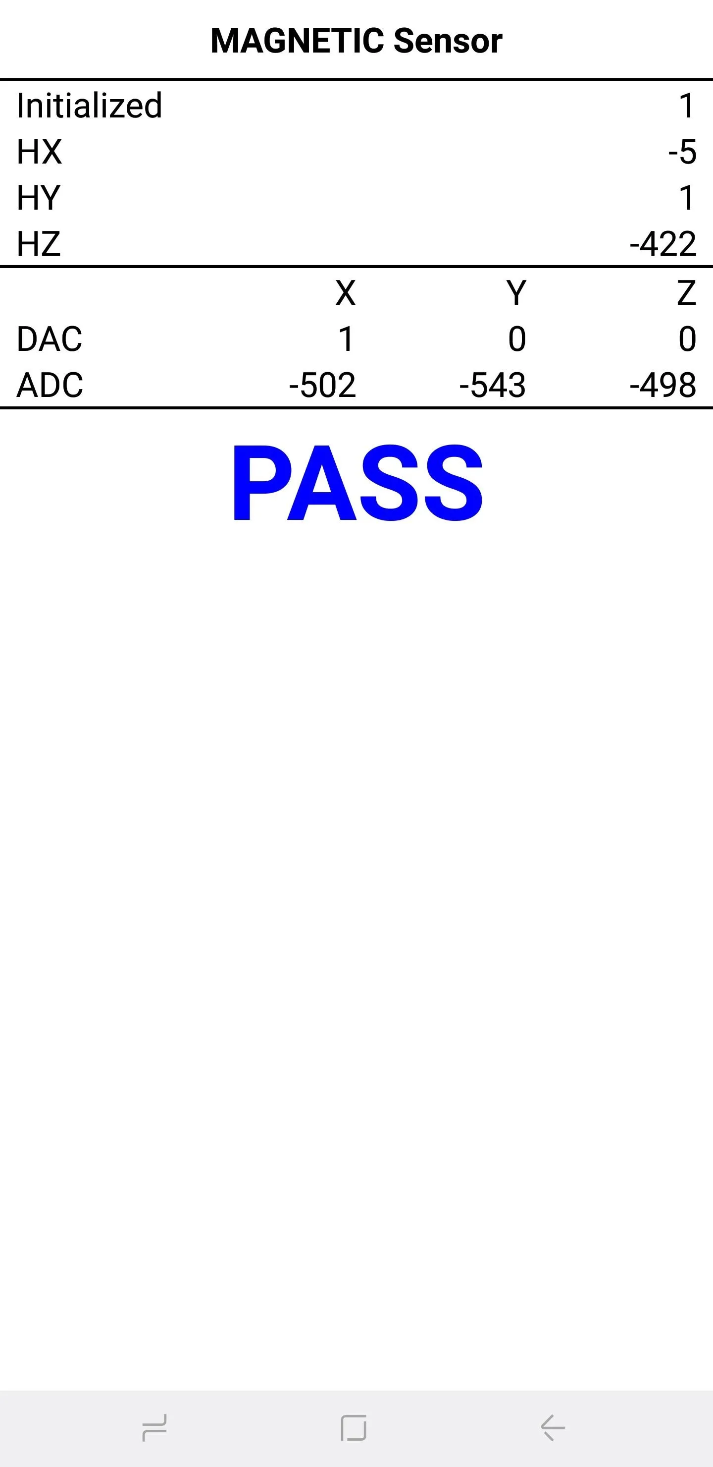 Magnetic sensor test results showing values for RX, RY, RZ, 3D, and ADC with a "PASS" indication.