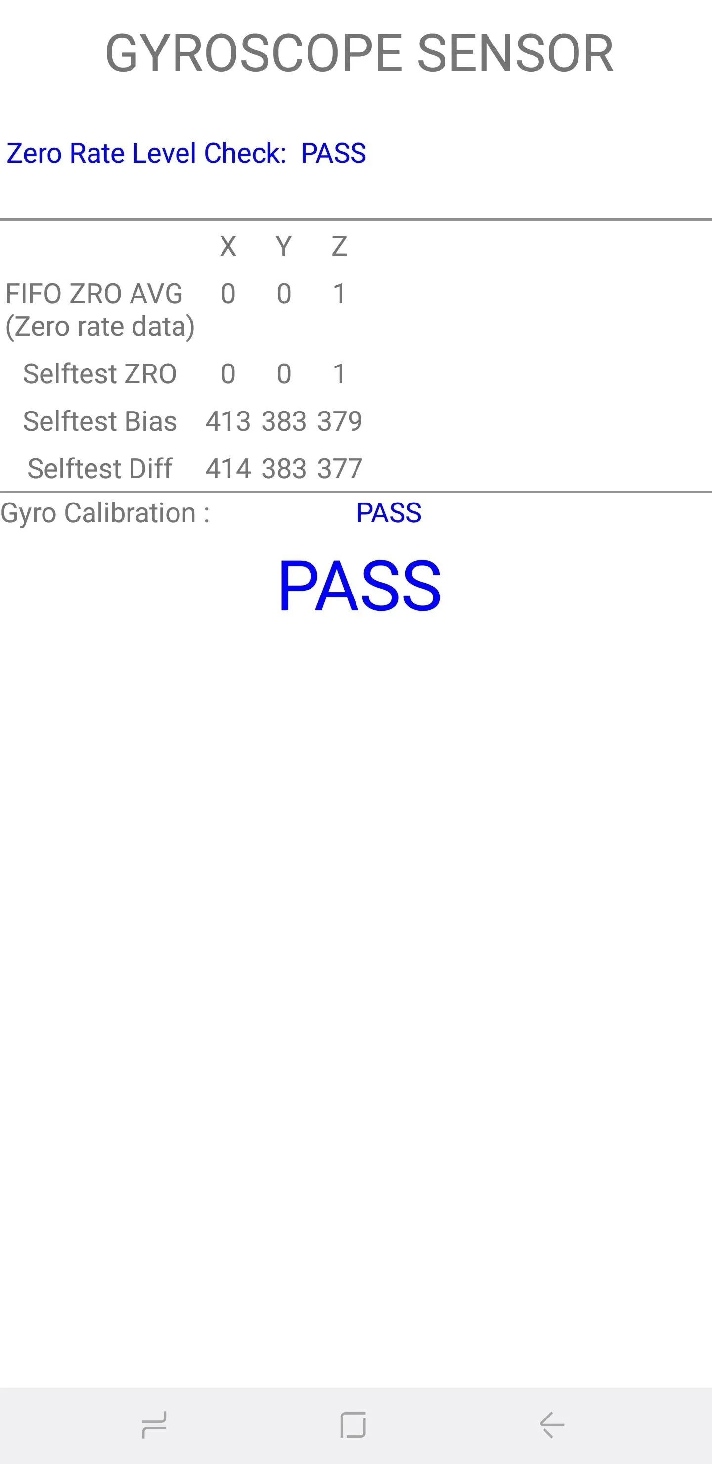 Gyroscope sensor test result showing parameters and a "PASS" status.