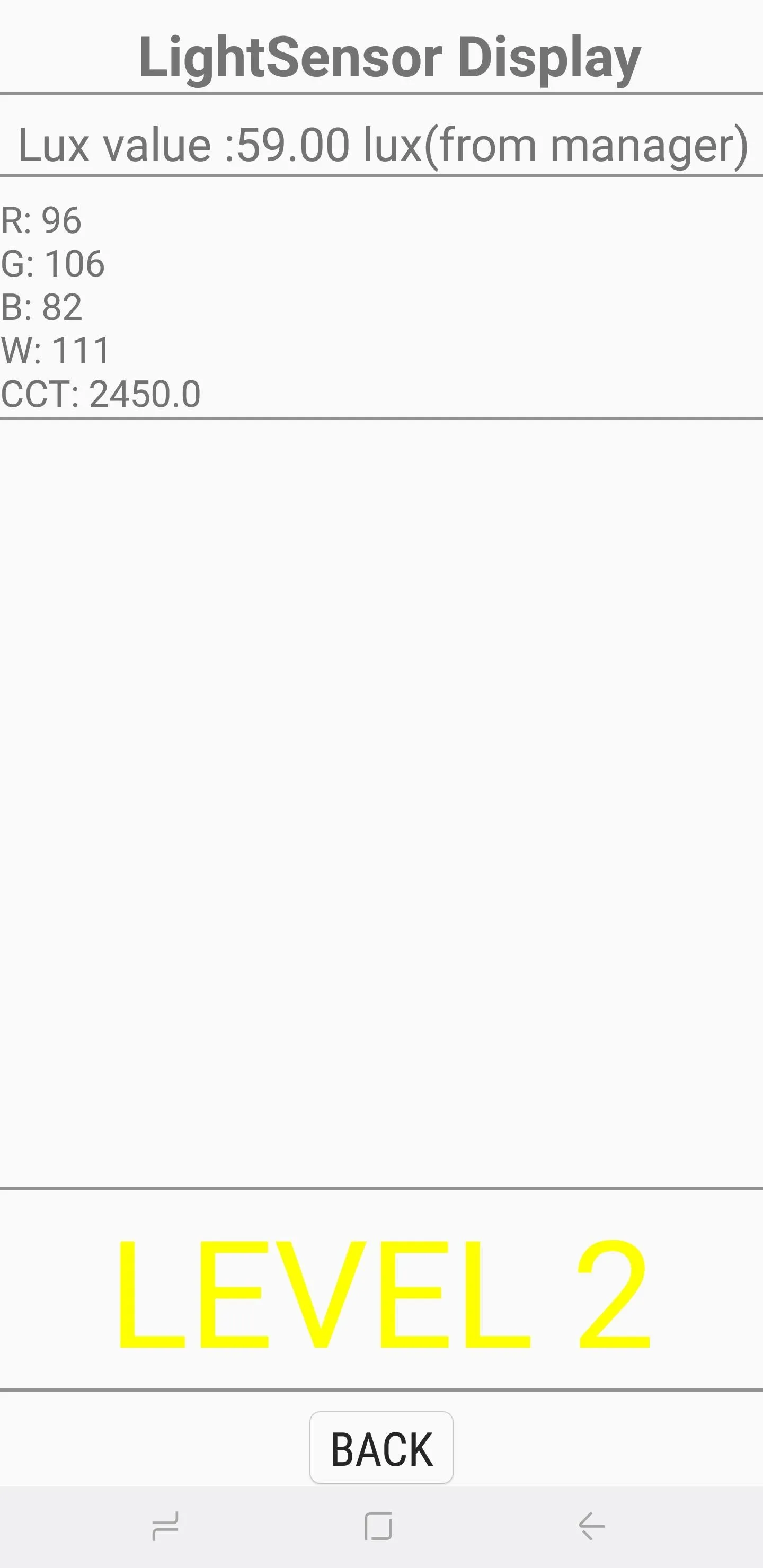 Light sensor display showing lux value and levels.
