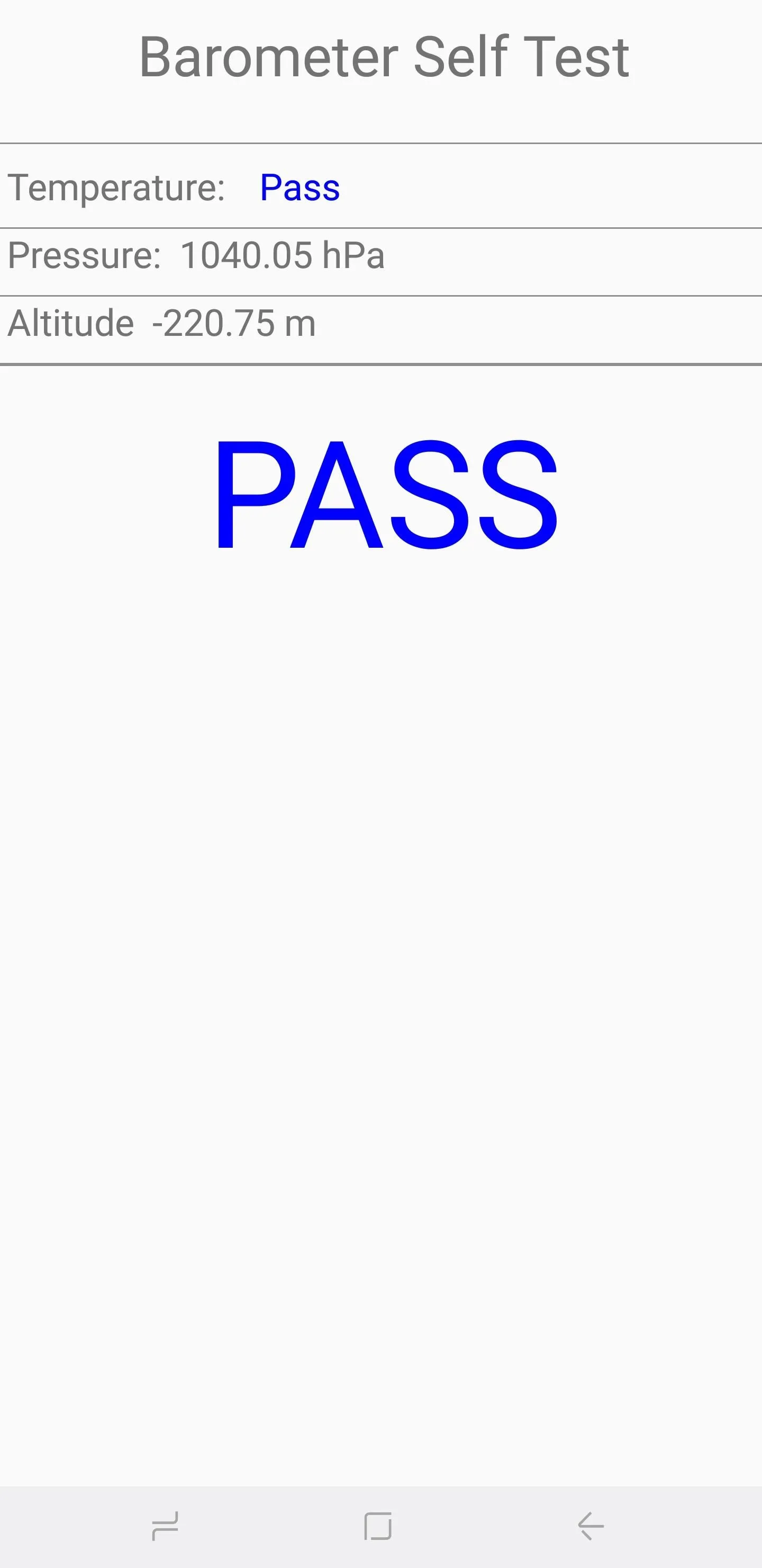 Barometer self-test result showing "PASS"